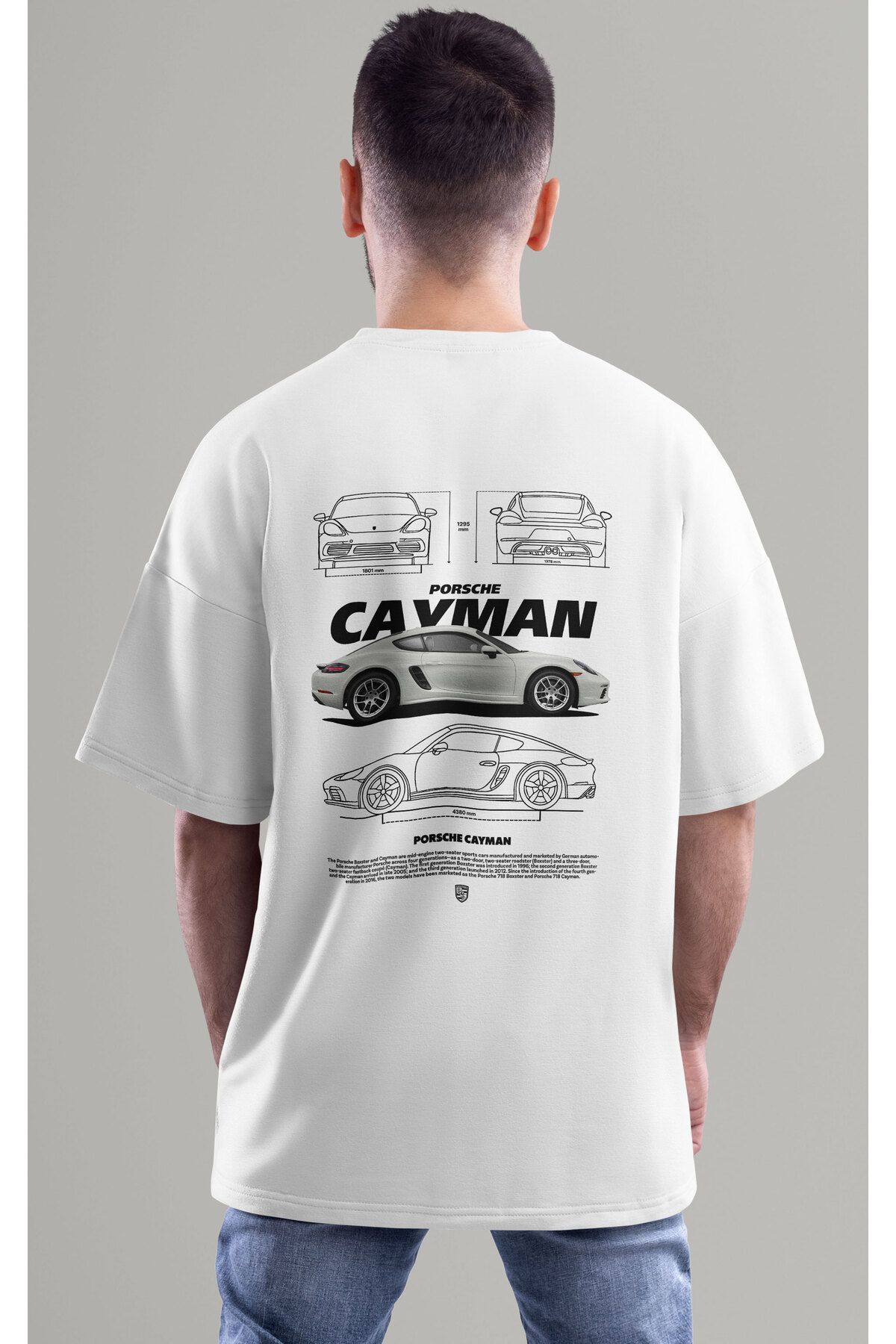 ELFAMİ Unisex Erkek/Kadın PORSCHE CAYMAN Renkli Özel Baskılı Oversize Pamuklu Bisiklet Yaka T-Shirt Tişört
