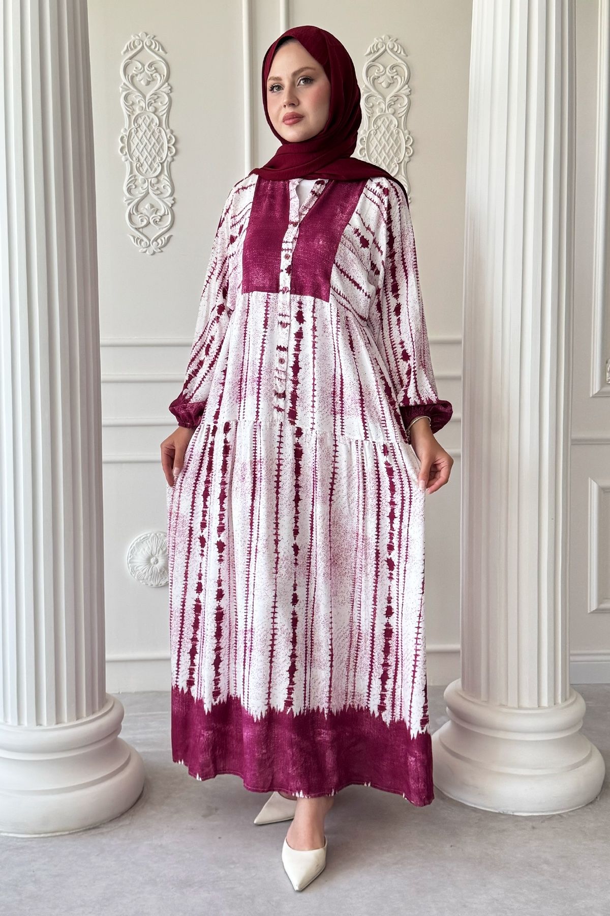 InStyle Batik Çizgi Desen Pembe Viskon Elbise