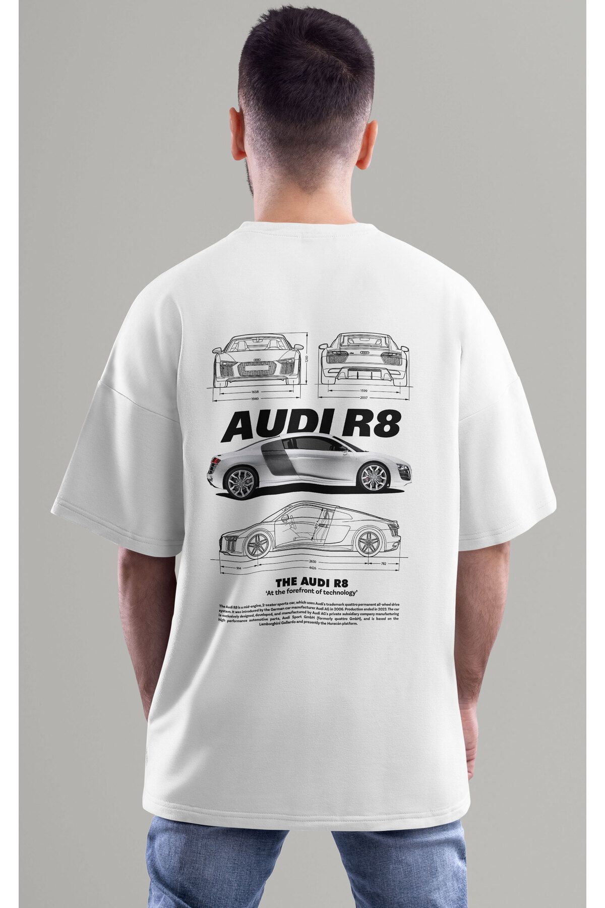 ELFAMİ Unisex Erkek/Kadın AUDI R8 Renkli Özel Baskılı Oversize Pamuklu Bisiklet Yaka T-Shirt Tişört