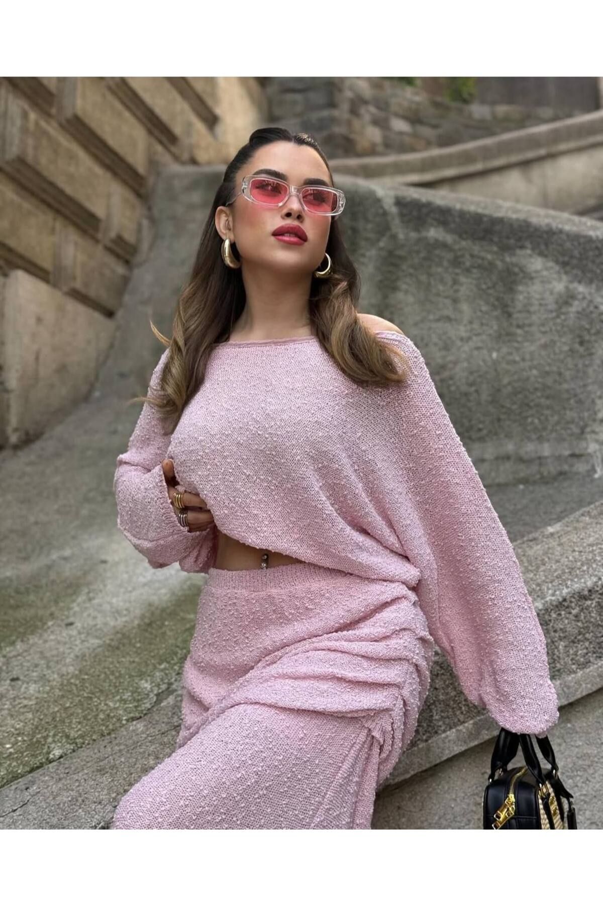 My Blog Pembe Örme Etek Bluz Takım - 7209