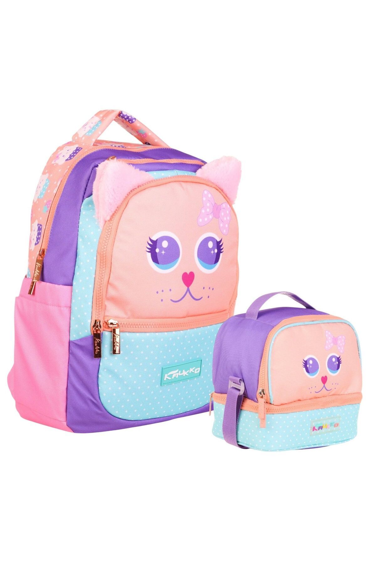 KAUKKO Kids Sevimli Kedi Şekilli Kız Çocuk Okul Çantası ve Beslenme Çantası Seti - Pembe Turkuaz