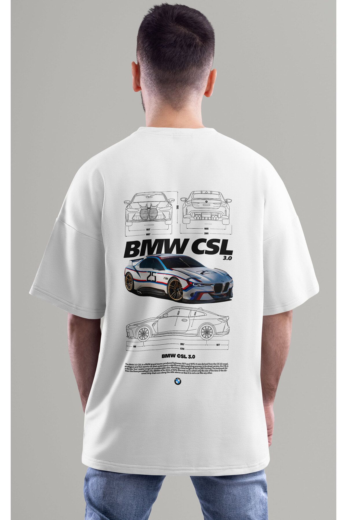 ELFAMİ Unisex Erkek/Kadın BMW CSL Renkli Özel Baskılı Oversize Pamuklu Bisiklet Yaka T-Shirt Tişört
