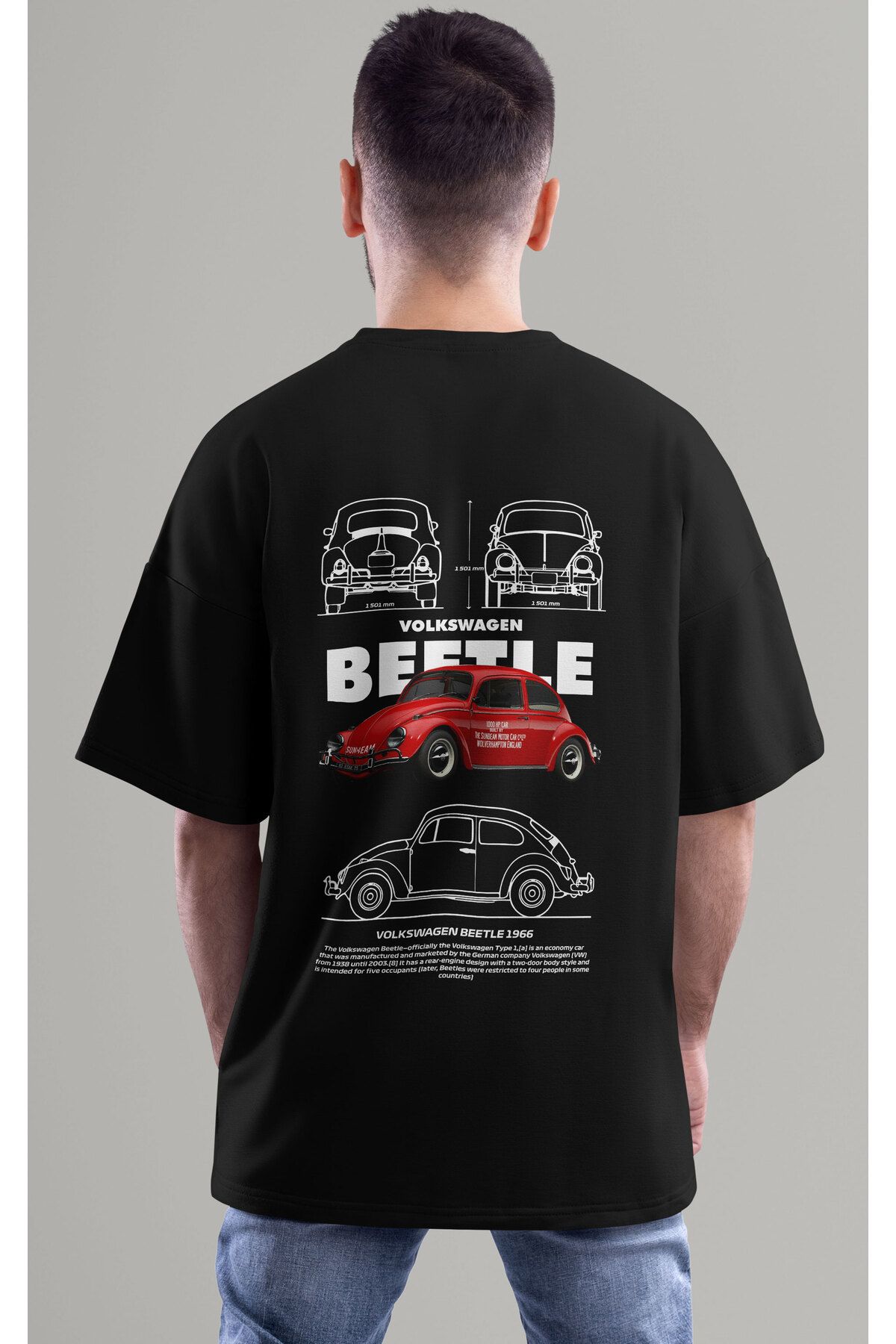 ELFAMİ Unisex Erkek/Kadın BEETLE Renkli Özel Baskılı Oversize Pamuklu Bisiklet Yaka T-Shirt Tişört