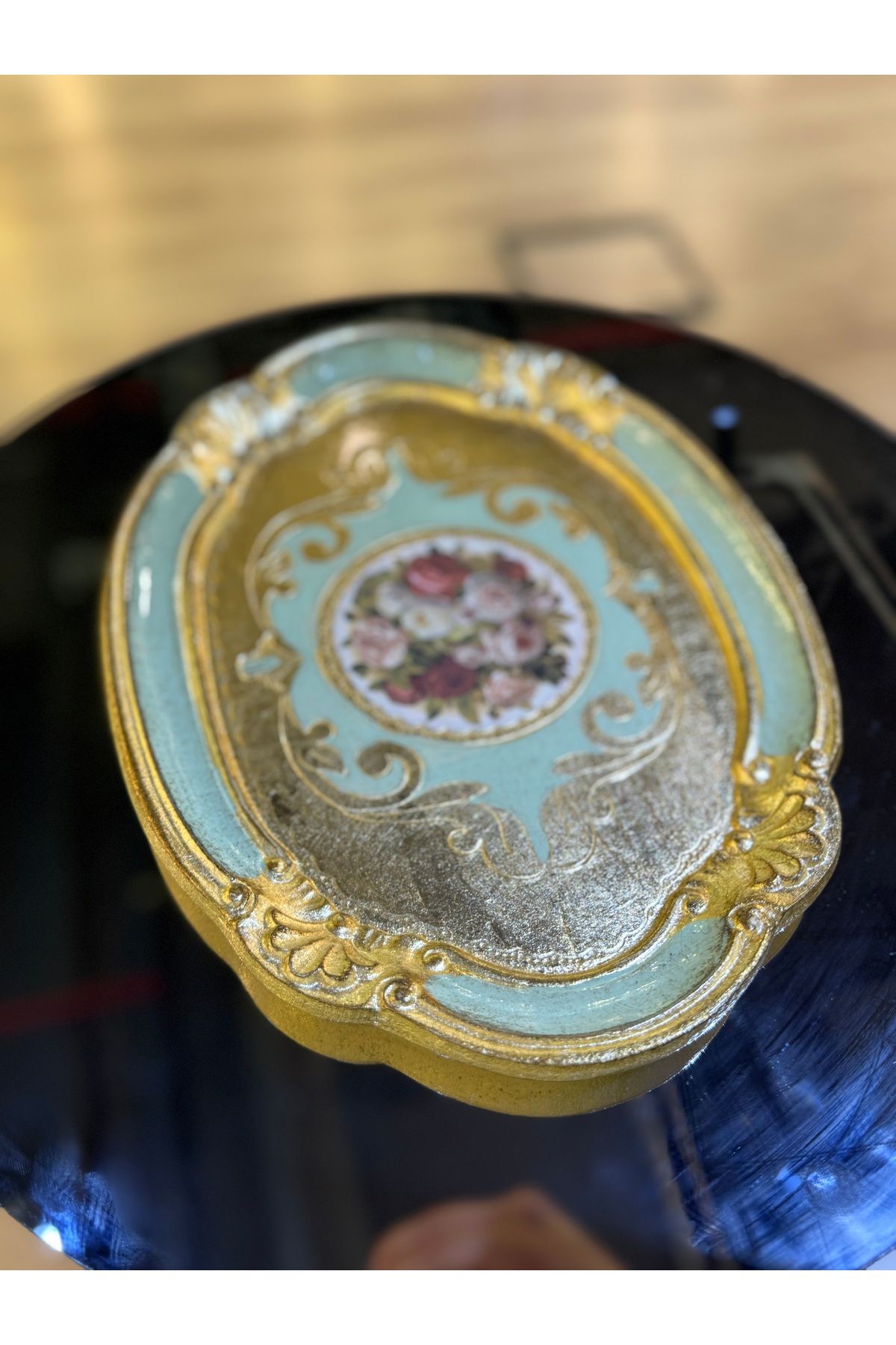 LM ESTERHOMEDECOR Tek kişilik orijinal Gül ağacı çiçekli dikdörtgen sunum tepsisi yeşil 30cm Masi