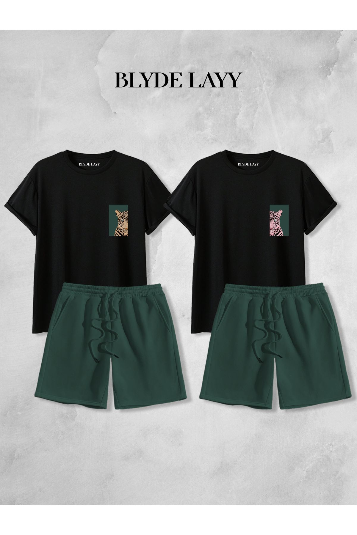 BLYDE LAYY Unisex 2'li Leopar Baskılı Blyde Layy Tasarım Sevgili Kombini (2 Şort - 2 T-shirt Takım)