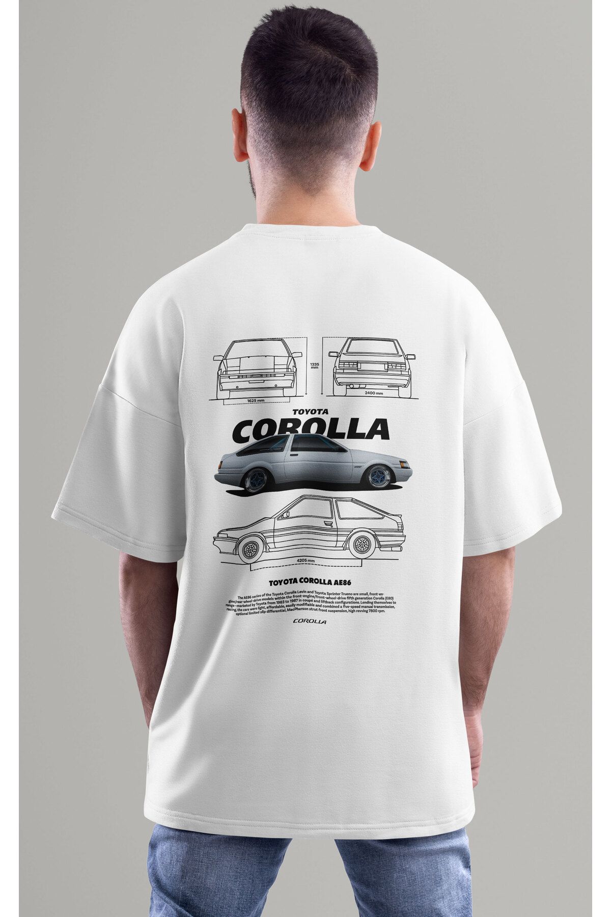 ELFAMİ Unisex Erkek/Kadın TOYOTA COROLLA Renkli Özel Baskılı Oversize Pamuklu Bisiklet Yaka T-Shirt Tişört