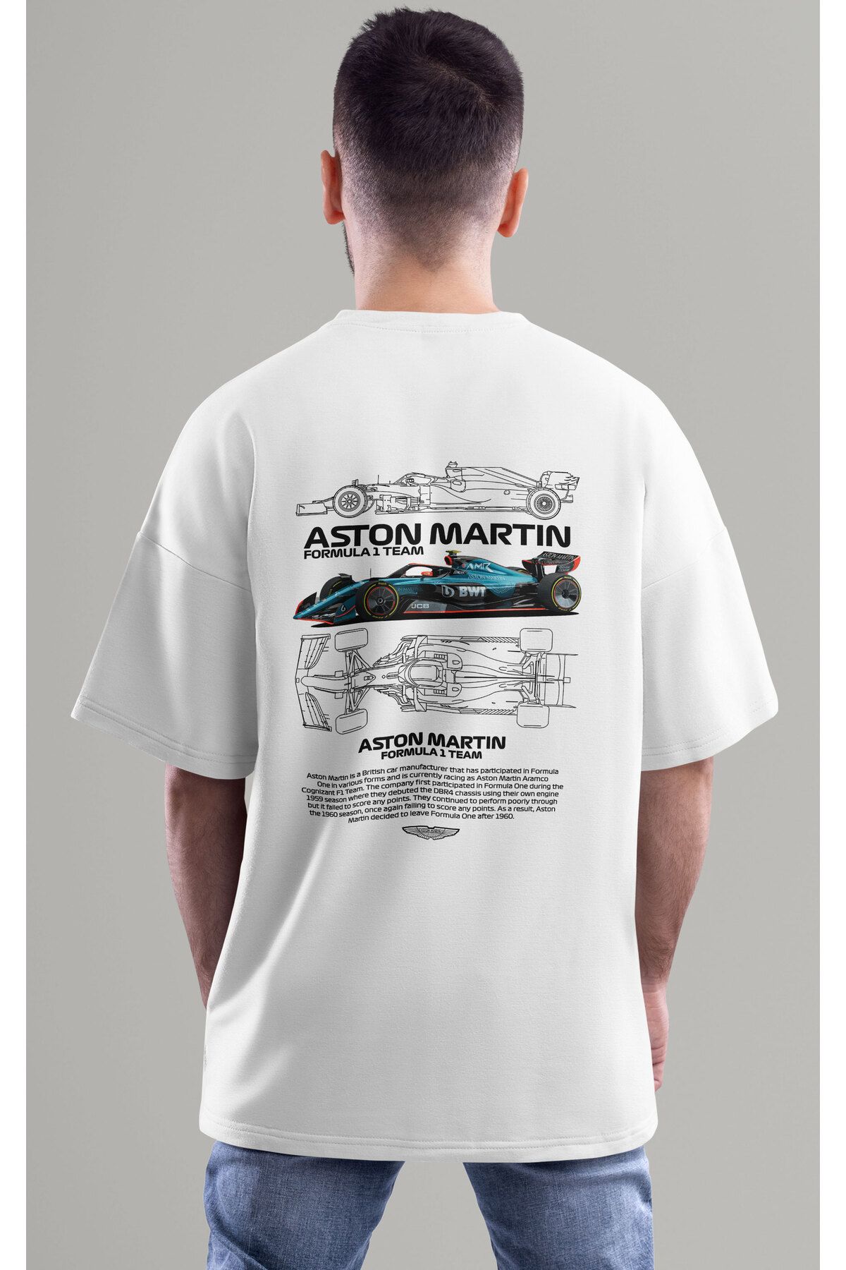 ELFAMİ Unisex Erkek/Kadın ASTON MARTIN Renkli Özel Baskılı Oversize Pamuklu Bisiklet Yaka T-Shirt Tişört