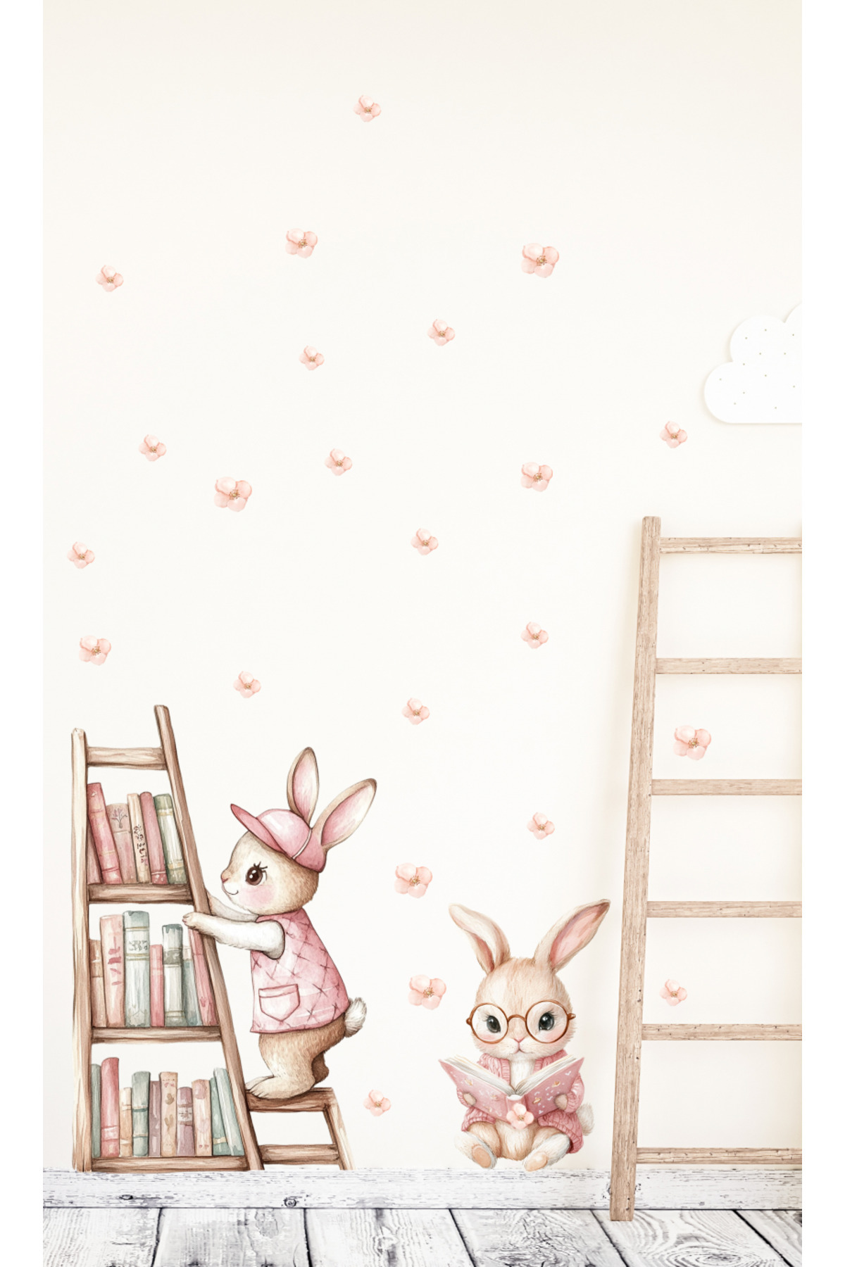 Sim Tasarım Kütüphanede Kitap Okuyan Sevimli Tavşanlar Dekoratif Duvar Sticker Seti fotoğrafı 3 (önizleme)