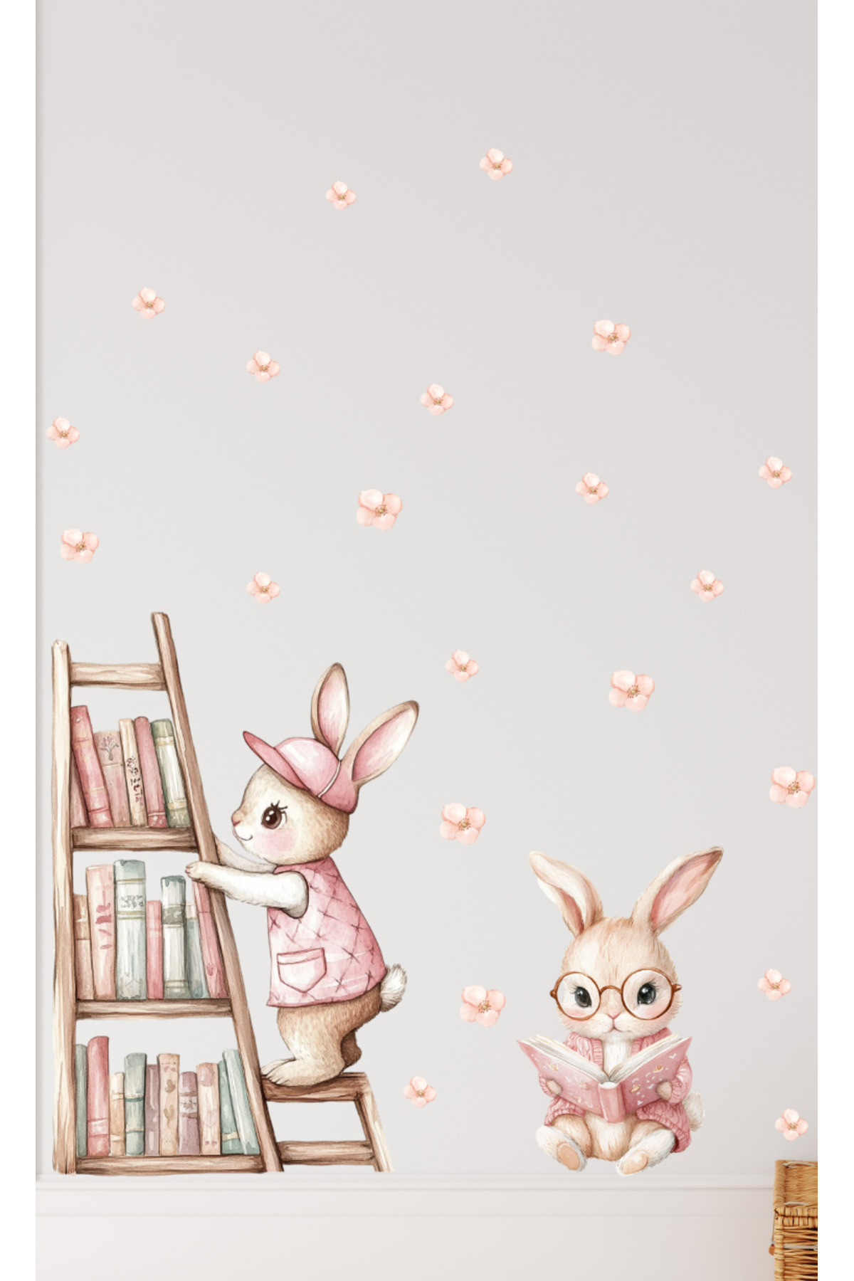 Sim Tasarım Kütüphanede Kitap Okuyan Sevimli Tavşanlar Dekoratif Duvar Sticker Seti fotoğrafı 2 (önizleme)
