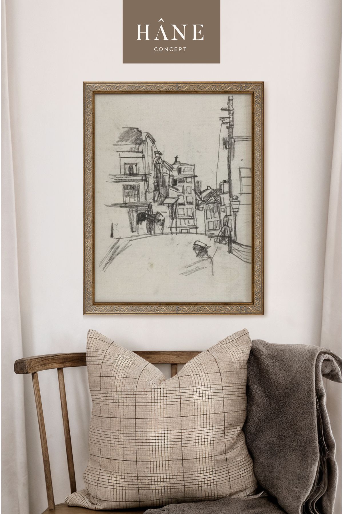 Hane Concept El Çizimi Tarzında Çerçeveli Şehir Tablosu, Eskiz Görünümlü Sanatsal Poster, Hâne Concept Tasarım