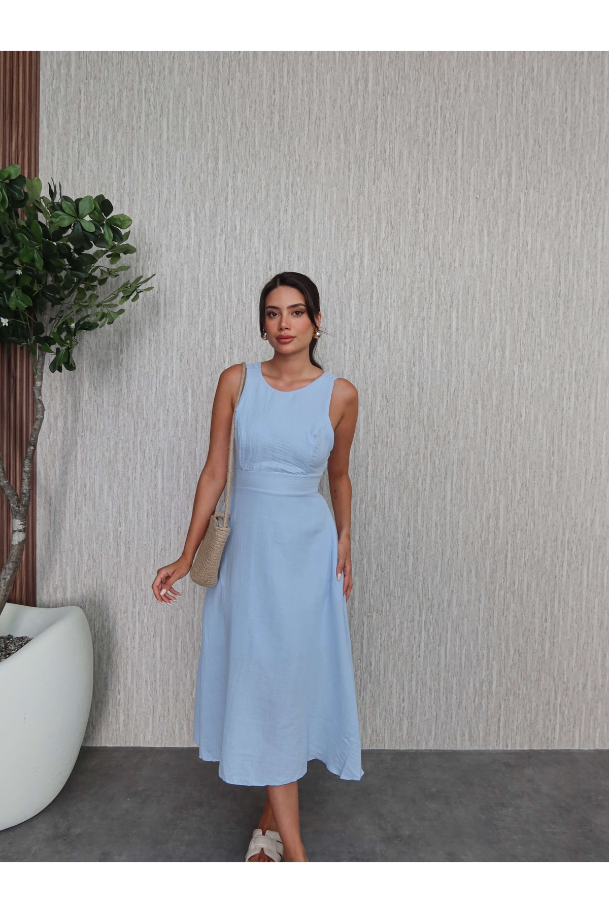 Kalın Askı Keten Cepli Elbise 4