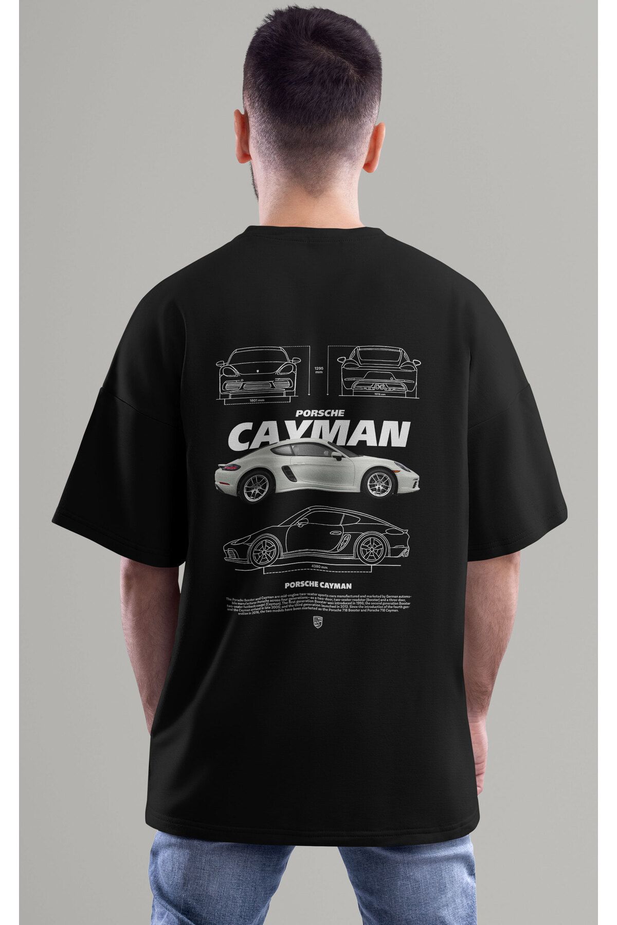 ELFAMİ Unisex Erkek/Kadın PORSCHE CAYMAN Renkli Özel Baskılı Oversize Pamuklu Bisiklet Yaka T-Shirt Tişört