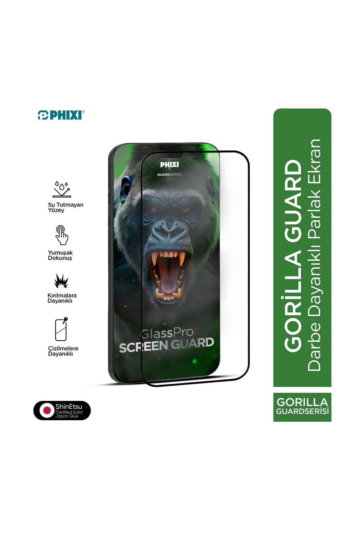 Phixi Gorilla Guard iPhone 14 Pro Kırılmaz Cam – HD Temperli, Tekrar Yapışabilir, Suyla Temizlenebil