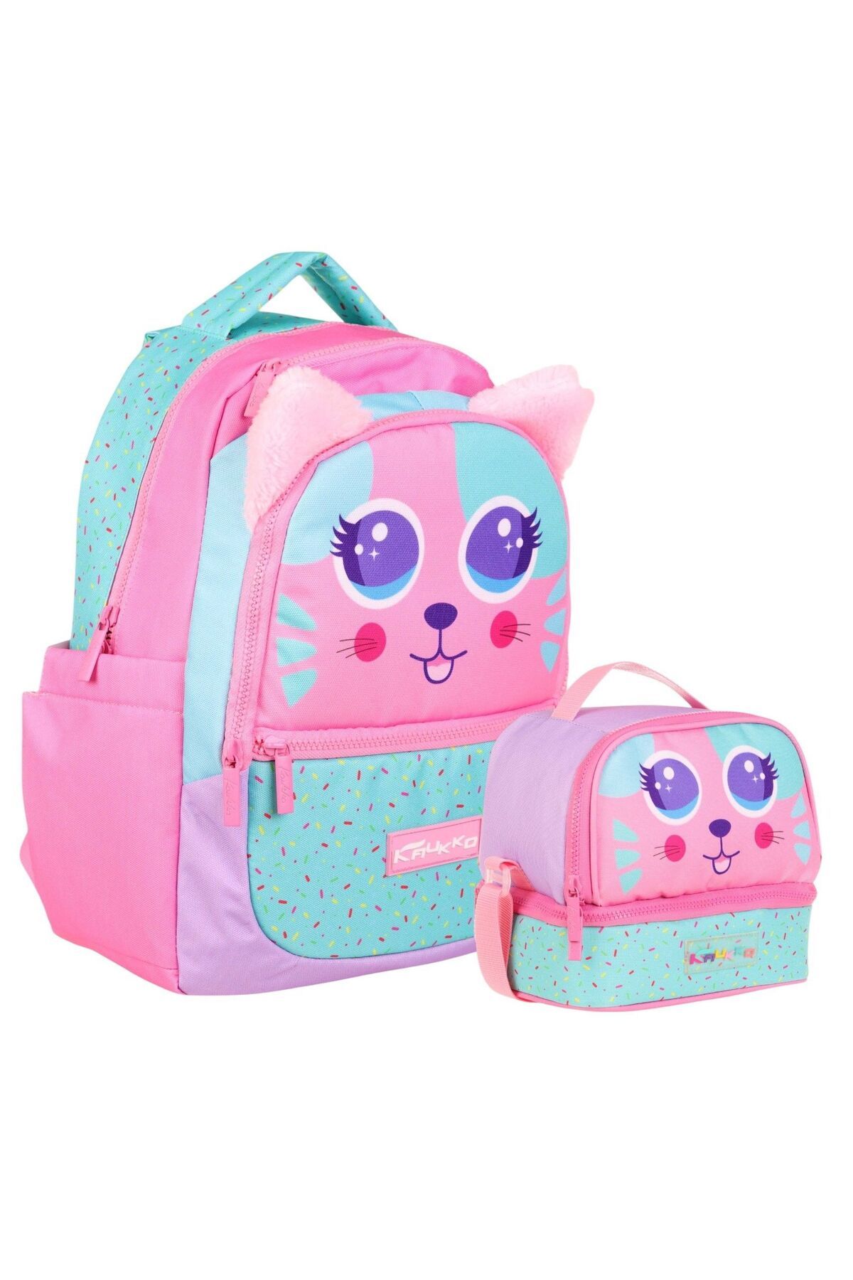 KAUKKO Kids Sevimli Kedi Şekilli Kız Çocuk Okul Çantası ve Beslenme Çantası Seti - Pembe Yeşil