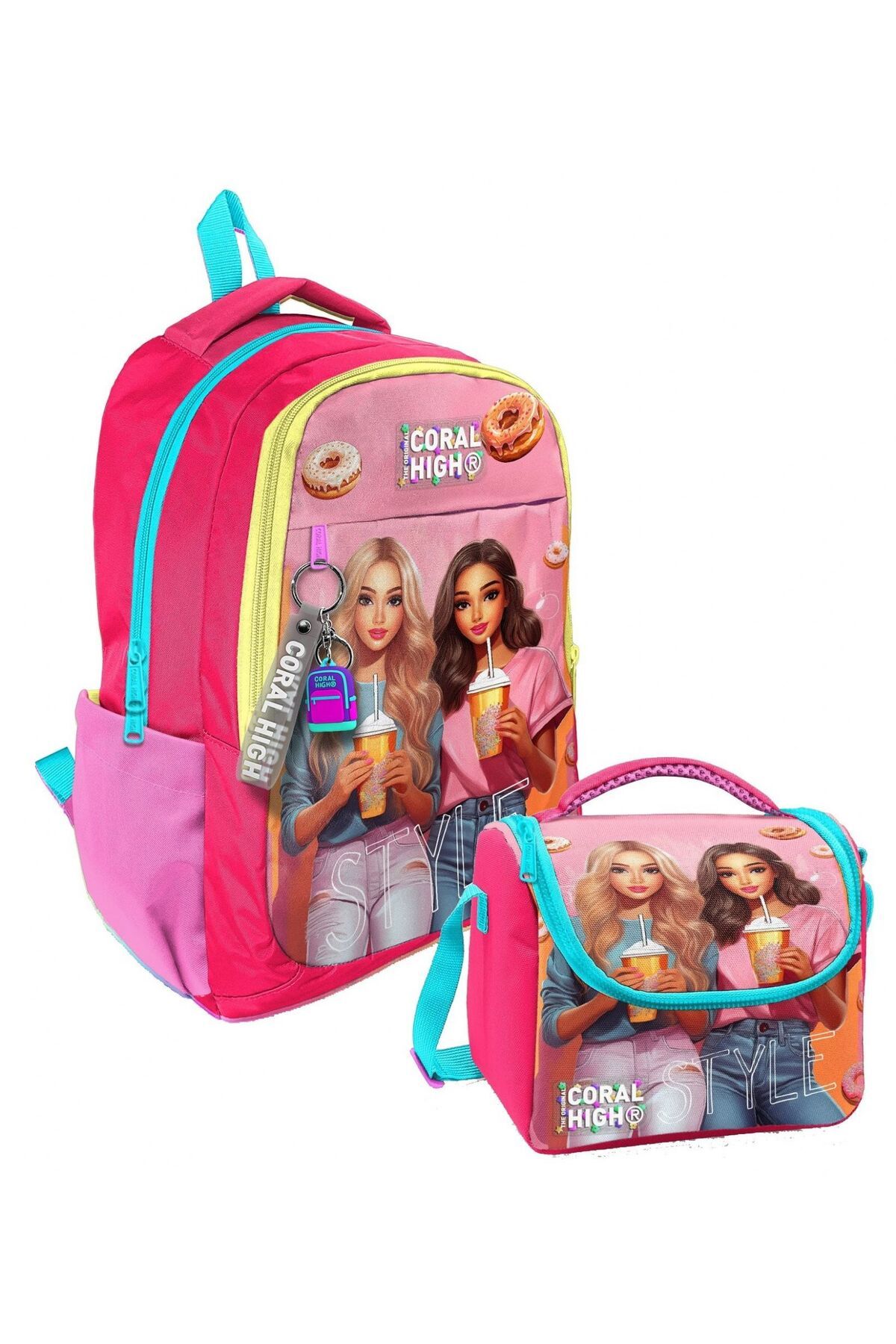 Coral High Kız Çocuk İlk ve Ortaokul Sırt Çantası ve Beslenme Çantası - Pembe Kırmızı Fashion Girl