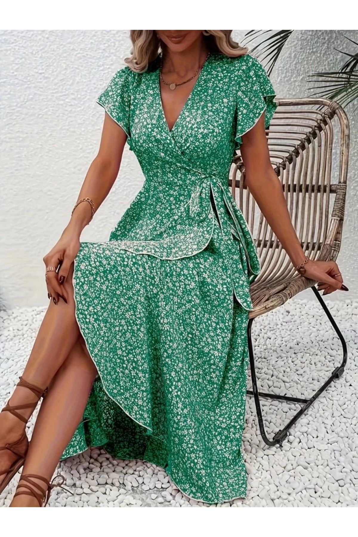 Butik Kadın Kısa Kollu Kruvaze Yakalı Desenli Süprem Elbise