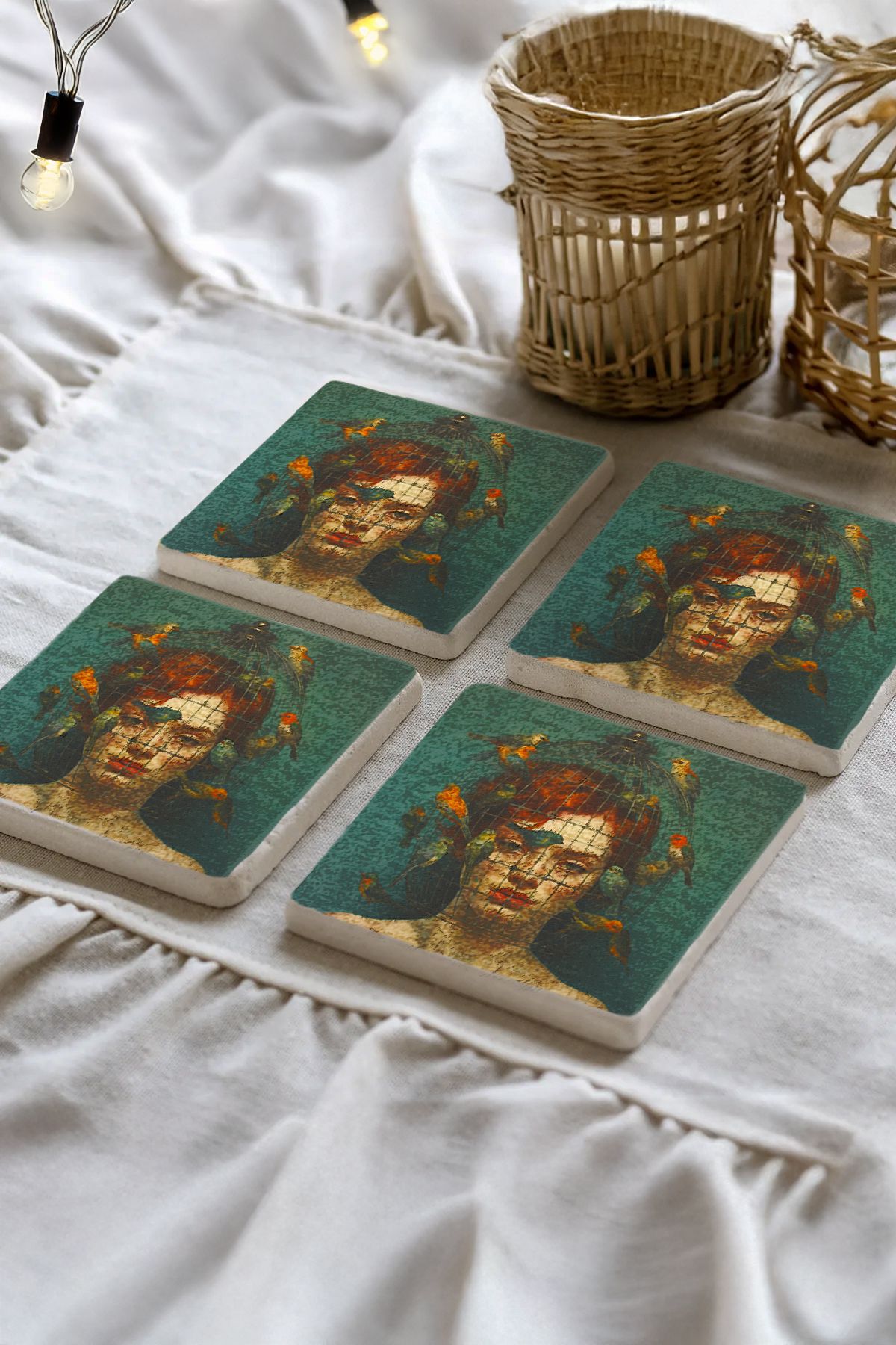 Sionar Venezielle Desenleri Taş Traverten Fincan Bardak Altlığı 4'lü Set 10x10x1cm
