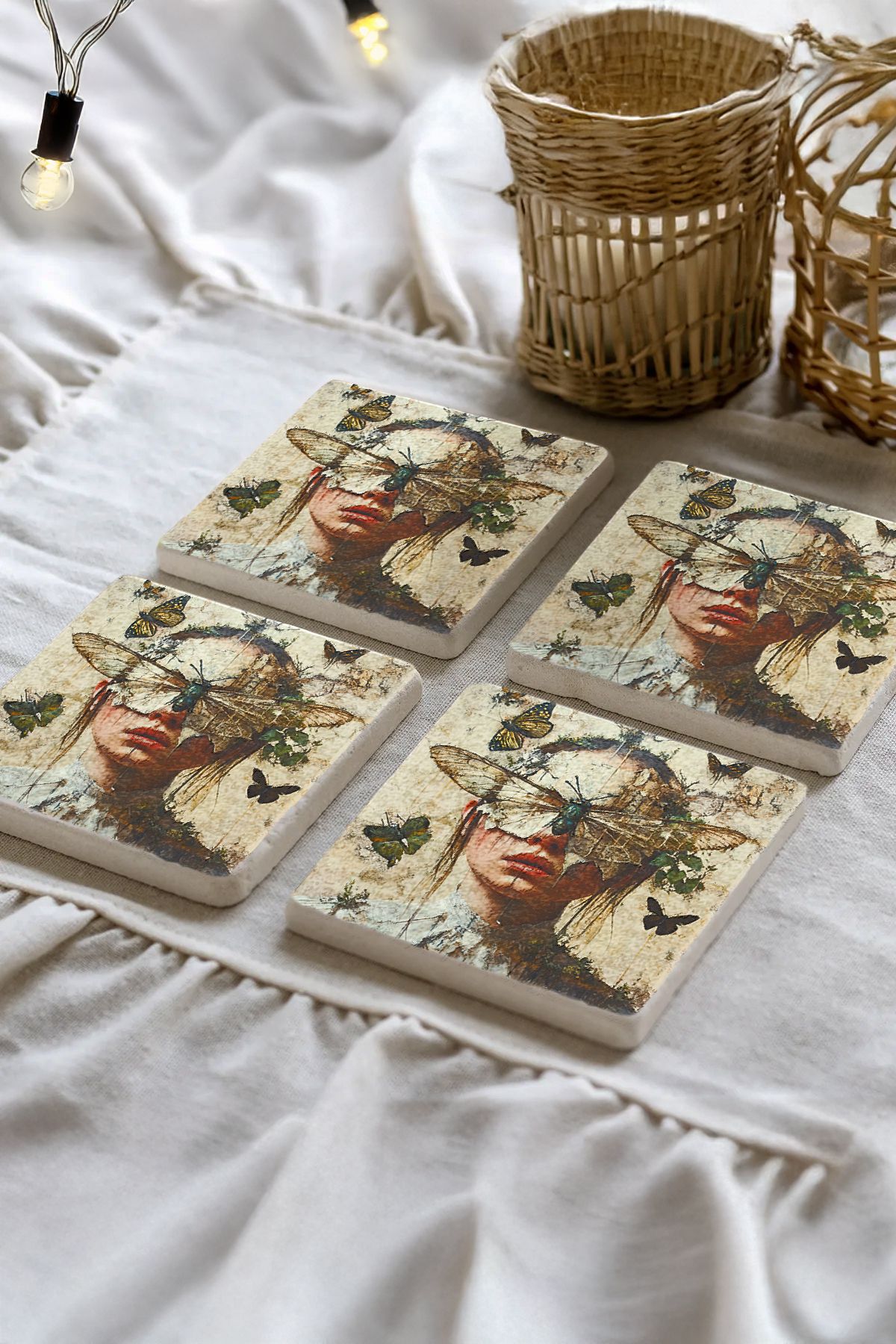 Sionar Lucerelina Desenleri Taş Traverten Fincan Bardak Altlığı 4'lü Set 10x10x1cm