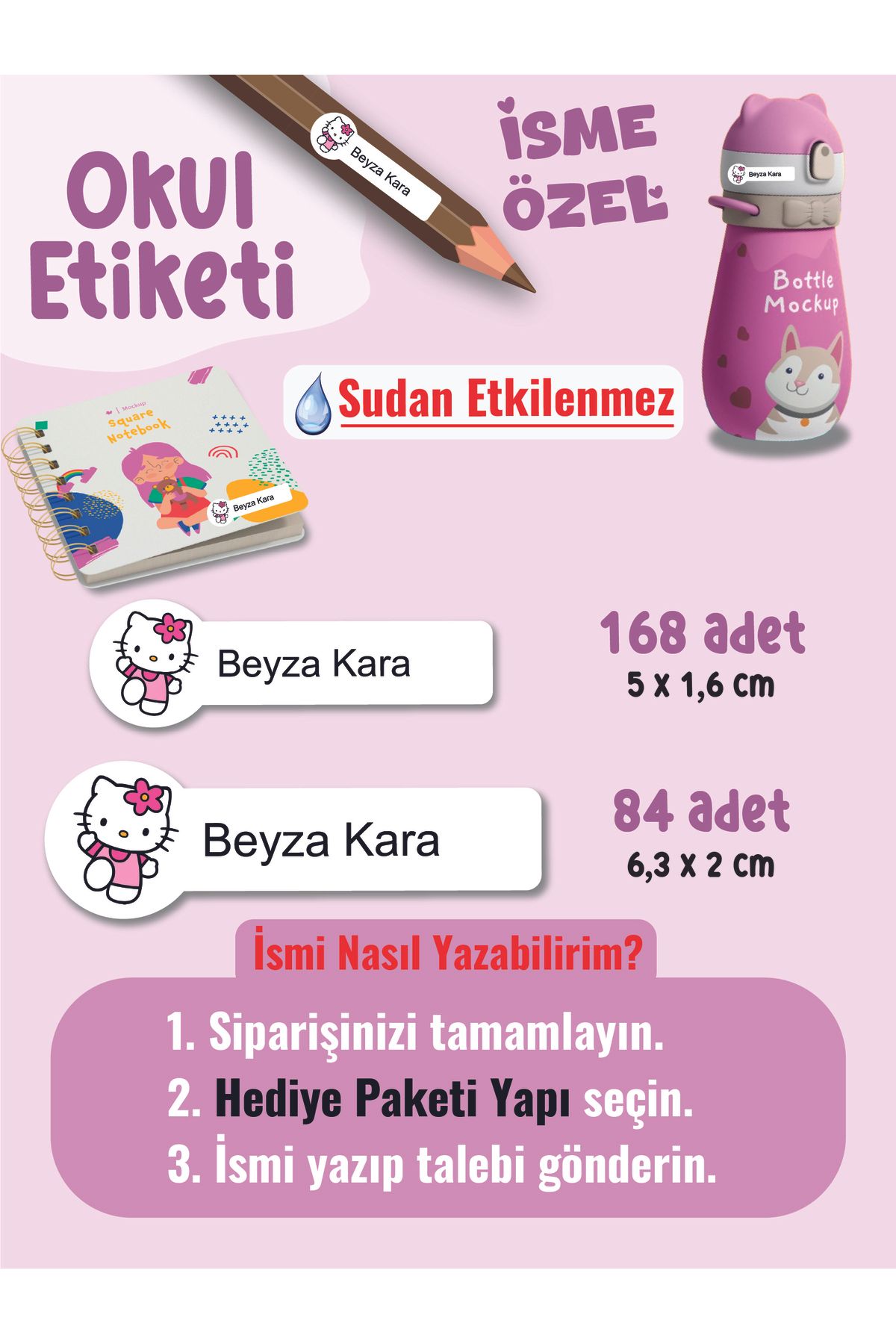 YUNUS COPY Okul Etiketi Kalem Defter Etiketi Hellokitti Temalı Özel İsim Yazılabilen Etiket - 252Adet