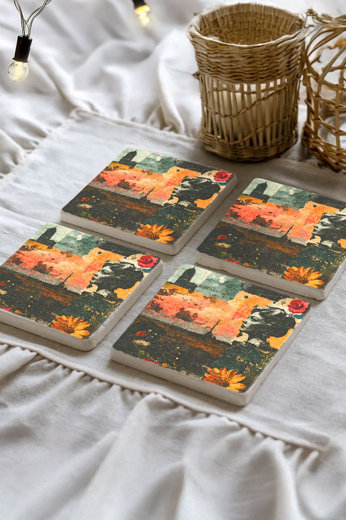 Sionar Lorinestia Desenleri Taş Traverten Fincan Bardak Altlığı 4'lü Set 10x10x1cm