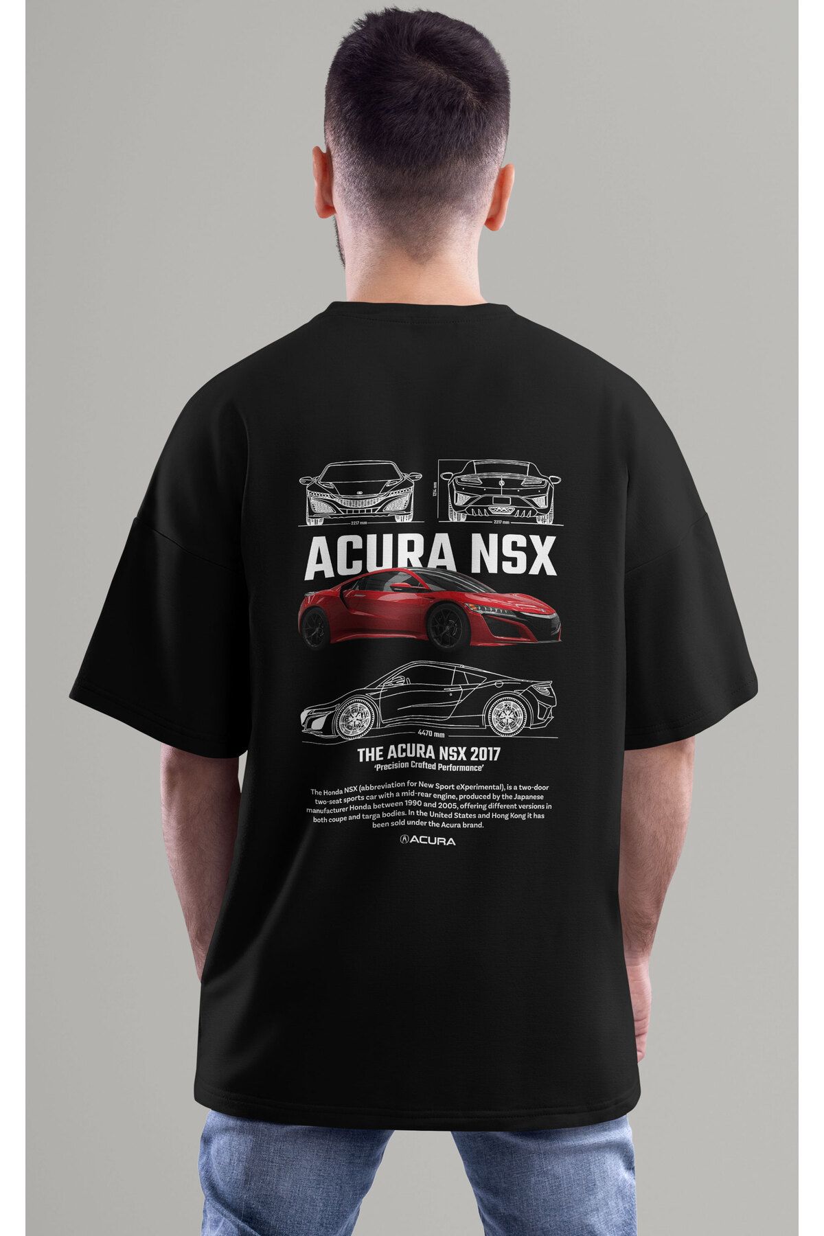 ELFAMİ Unisex Erkek/Kadın HONDA ACURA NSX Renkli Özel Baskılı Oversize Pamuklu Bisiklet Yaka T-Shirt Tişört