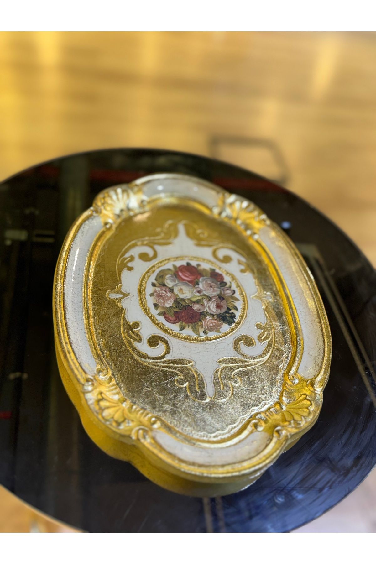 LM ESTERHOMEDECOR Tek kişilik orijinal Gül ağacı çiçekli dikdörtgen sunum tepsisi krem 30cm Masi
