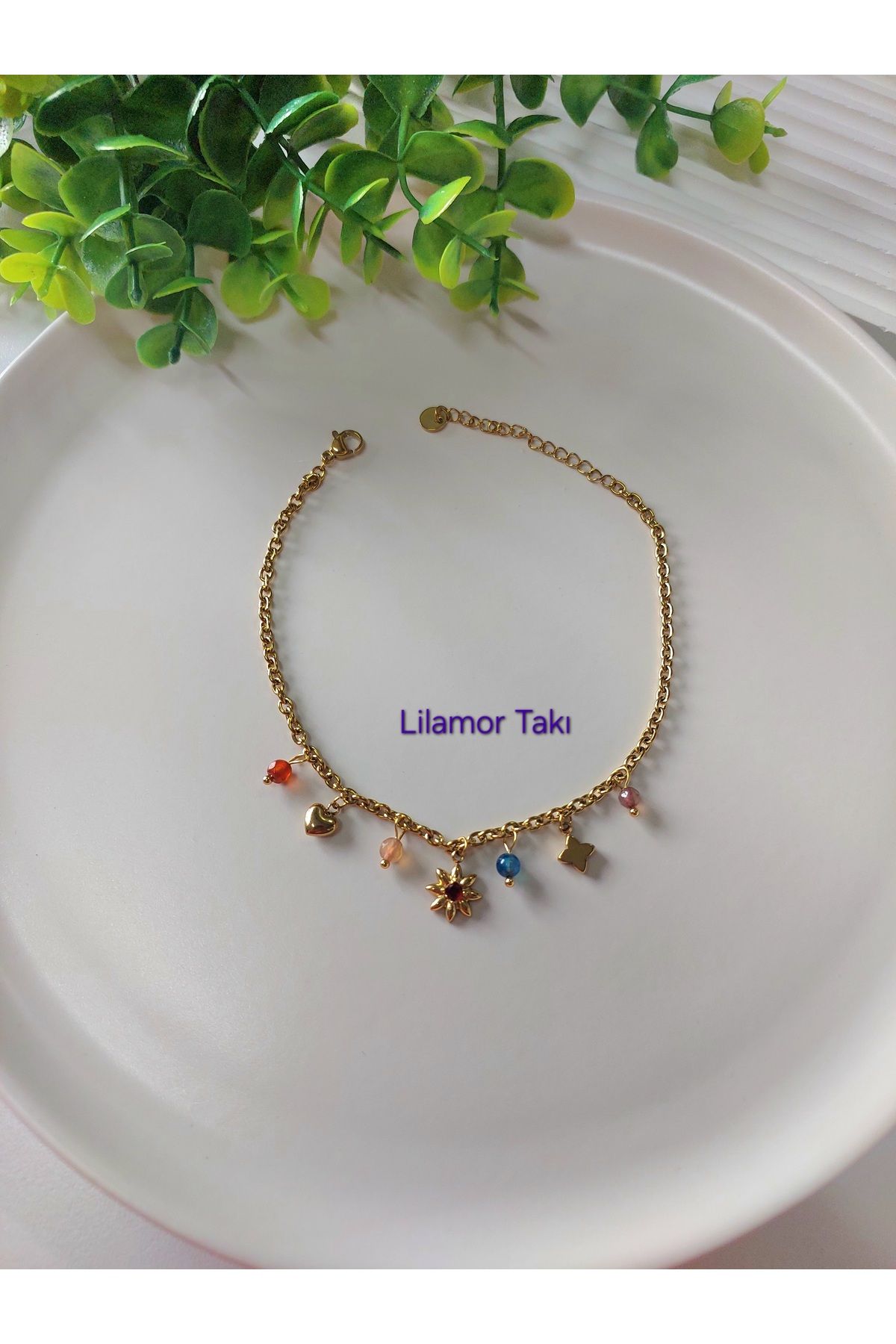 Lilamor Çelik Renkli Boncuklu Kalp Detaylı Halhal