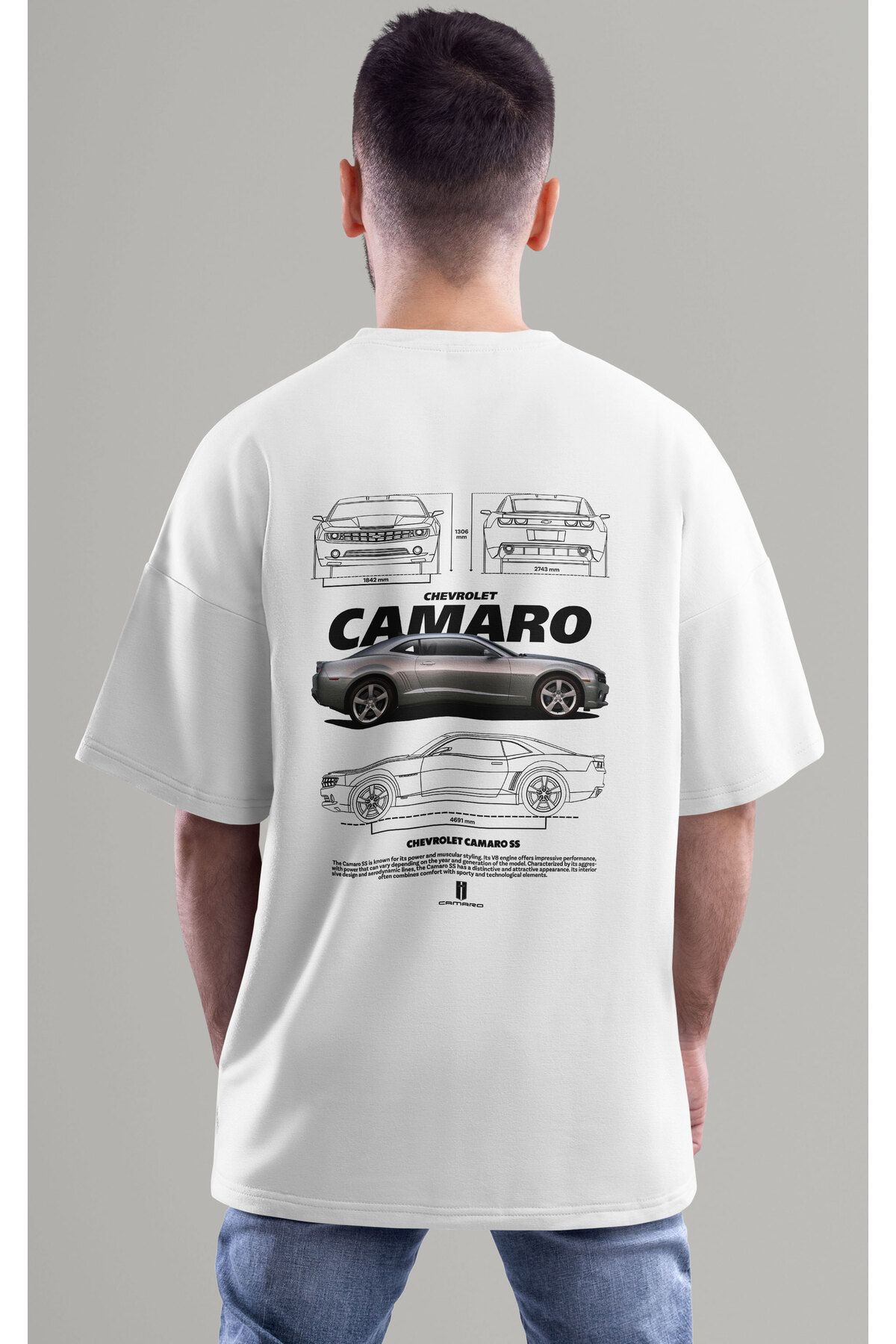 ELFAMİ Unisex Erkek/Kadın CAMARO SS Renkli Özel Baskılı Oversize Pamuklu Bisiklet Yaka T-Shirt Tişört