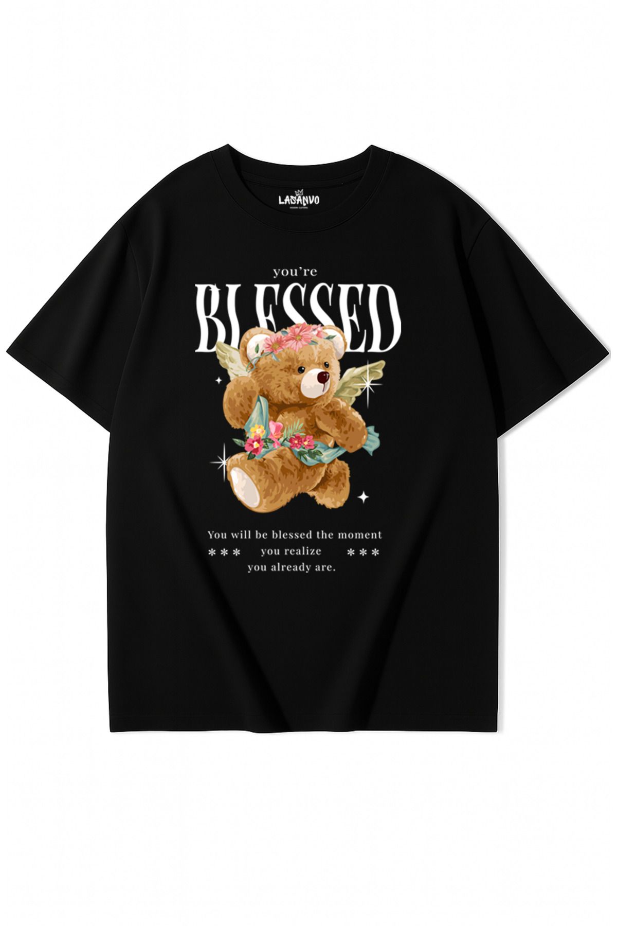 Lasanvo Unisex Oversize Blessed Yazılı Çiçekli Ayıcık T-shirt