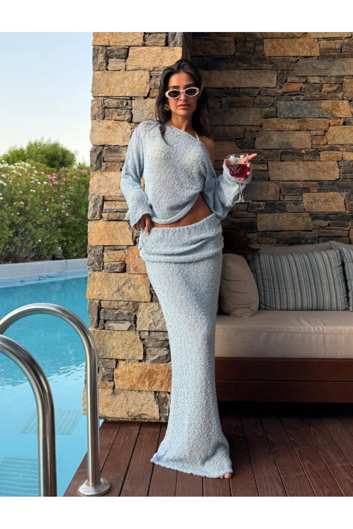 My Blog Mavi Örme Etek Bluz Takım - 7209