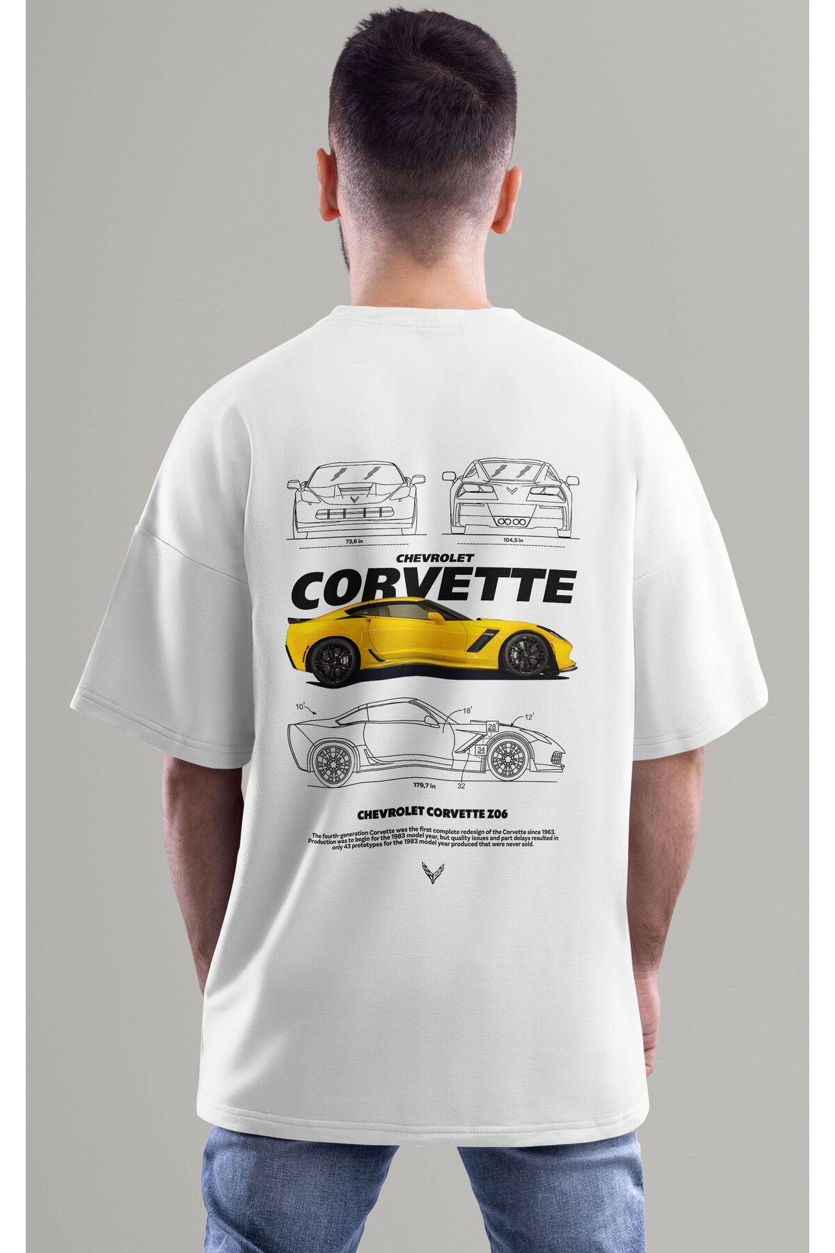ELFAMİ Unisex Erkek/Kadın CORVETTE Z06 Renkli Özel Baskılı Oversize Pamuklu Bisiklet Yaka T-Shirt Tişört