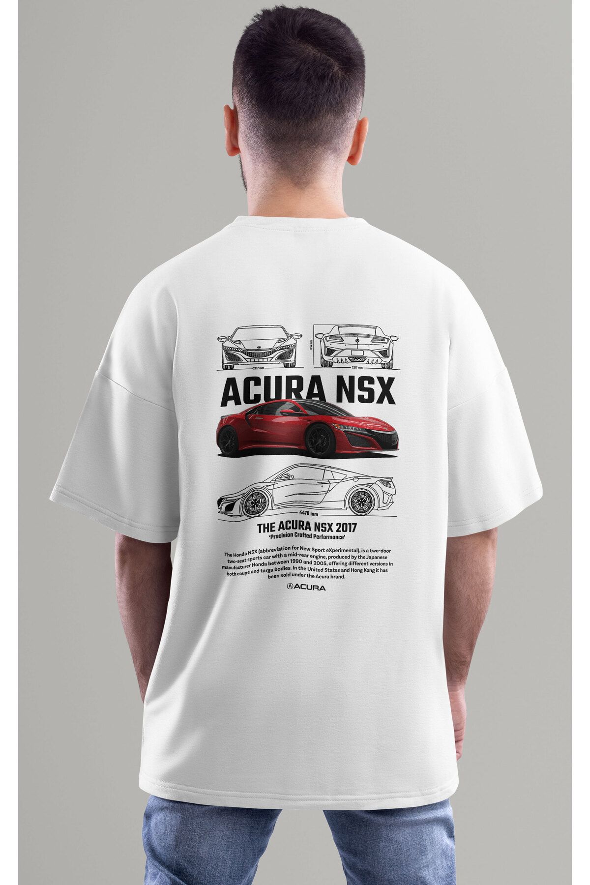 ELFAMİ Unisex Erkek/Kadın HONDA ACURA NSX Renkli Özel Baskılı Oversize Pamuklu Bisiklet Yaka T-Shirt Tişört