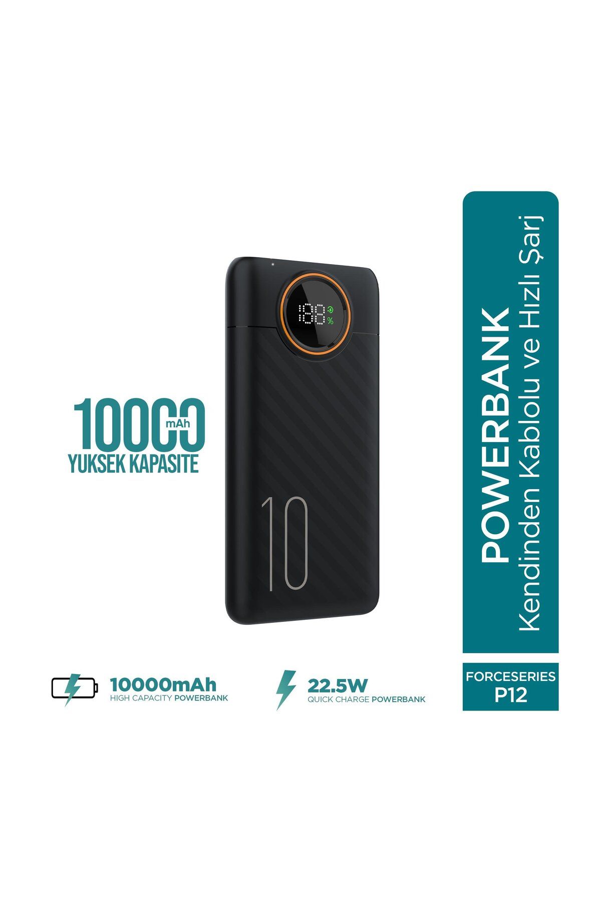 Phixi Force P12 10000mAh 22.5W Hızlı Şarj Cihazı - Fast Powerbank - Dijital Ekran - Taşınabilir Şa