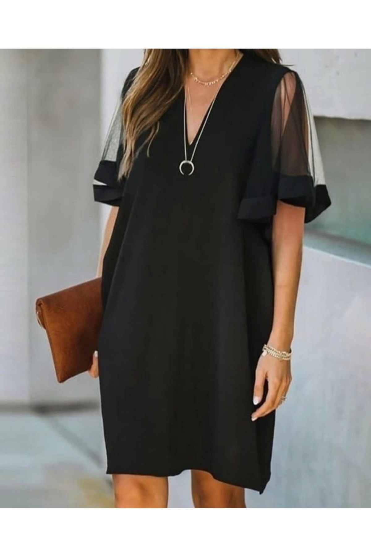 Butik Kadın Tüllü Kısa Kollu V Yaka Krep Elbise