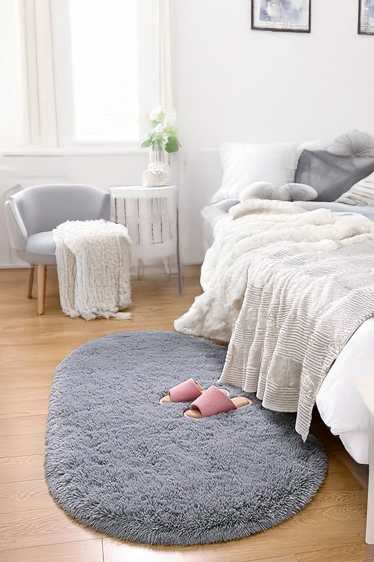NARVEN HOME Gri Oval Post Halı Yumuşak Peluş Kaymaz Dot Taban Yolluk Antibakteriyel Makinada Yıkanabilir