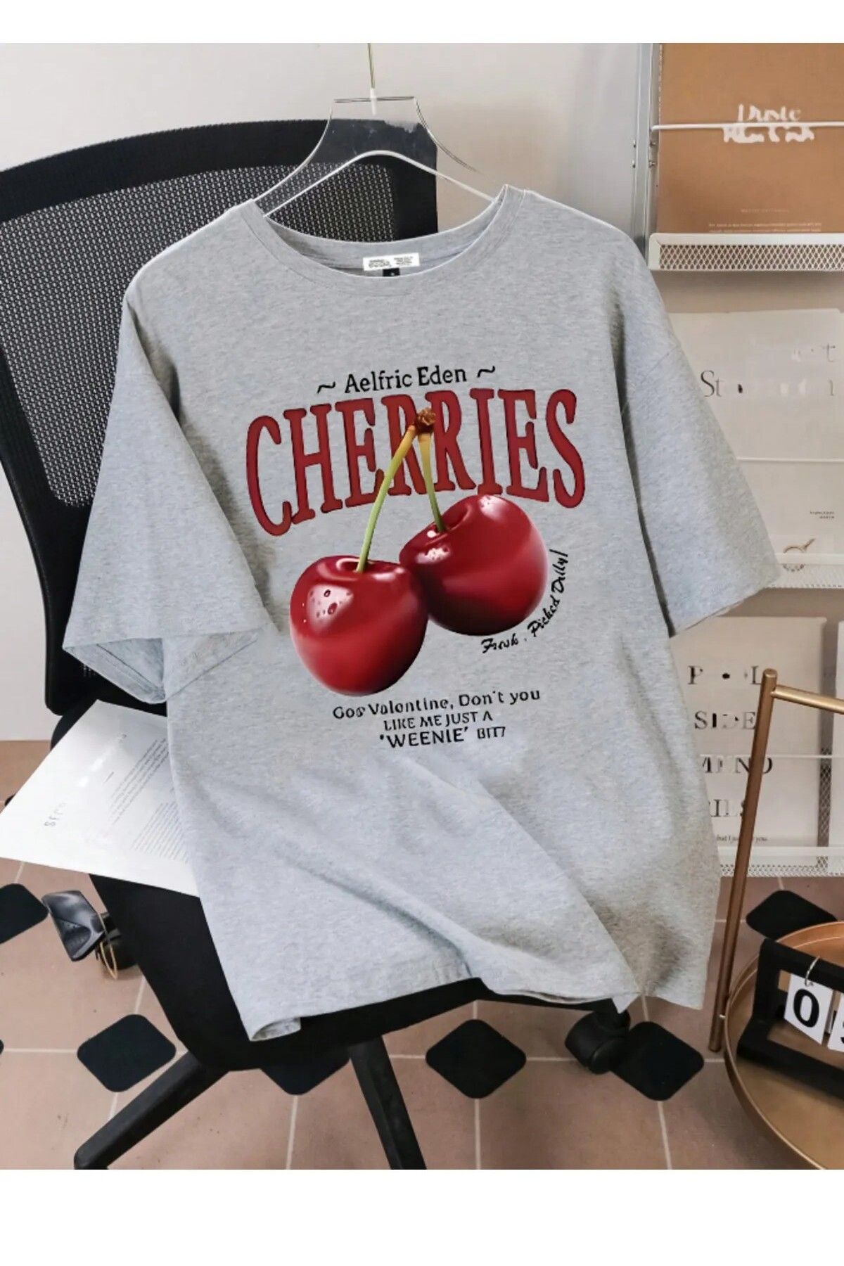 H&GHAMLEGİYİM Unisex Erkek/Kadın CHERRIES Özel Baskılı Oversize Pamuklu Bisiklet Yaka T-Shirt