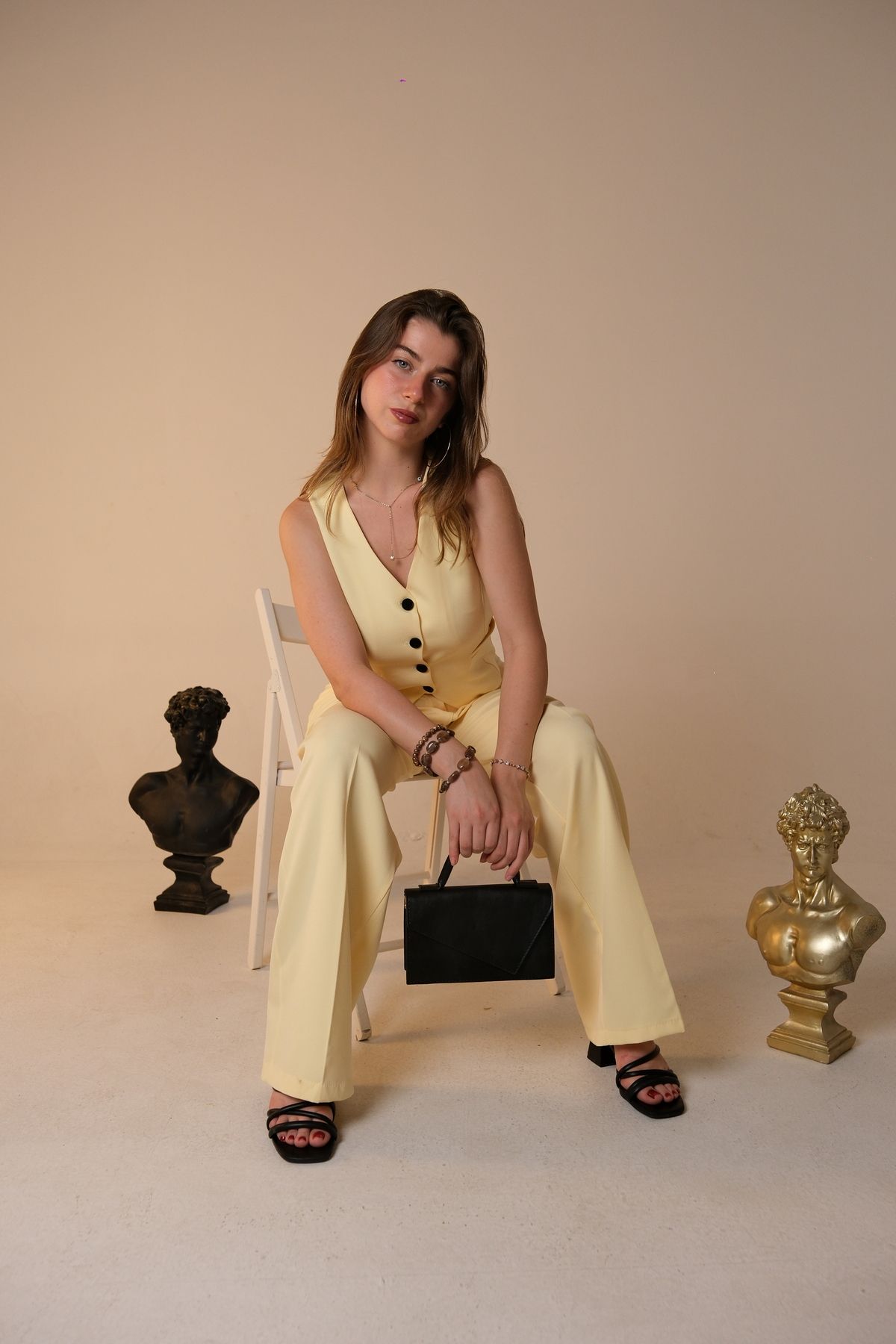 0pia Collection Lemon Yellow Keten Yelek-Pantolon Takım
