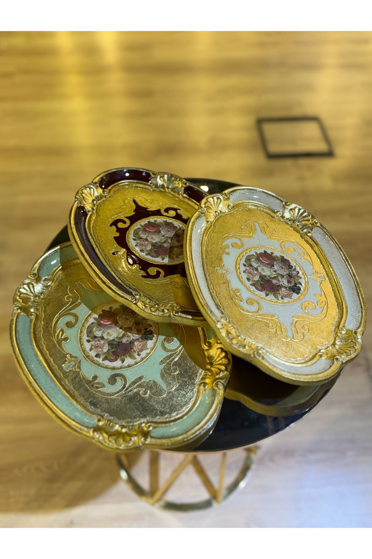 LM ESTERHOMEDECOR 3’lü Tek kişilik orijinal Gül ağacı çiçekli dikdörtgen sunum tepsisi 30cm Masi