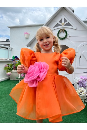 Linola Baby Kids Rose- Oranj Şifon Kısa Kollu Kız Çocuk Elbisesi