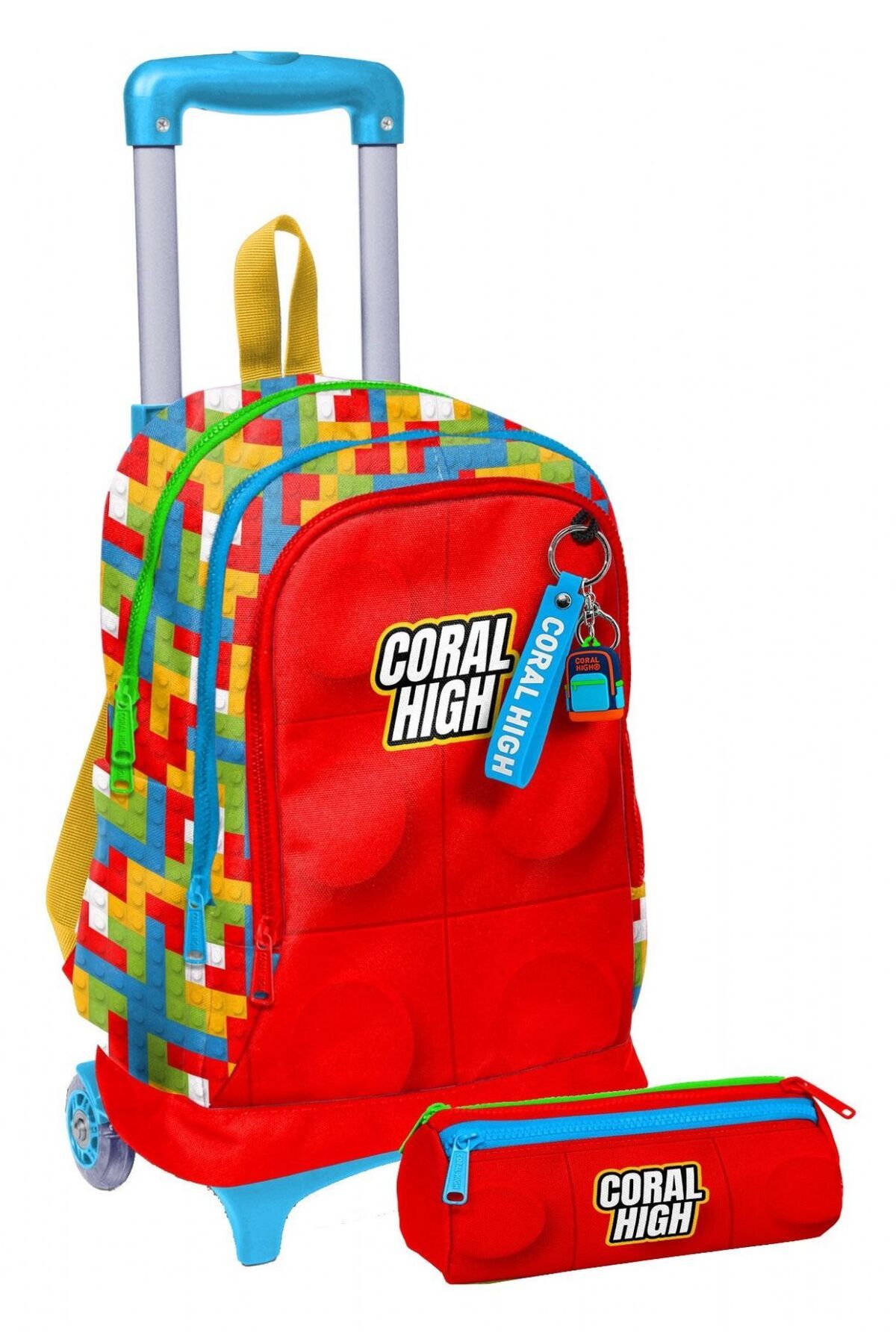 Coral High Işıklı Erkek Çocuk, Kırmızı Yapı Blokları Baskılı, İlkokul Çekçek Çanta ve Kalemlik Seti