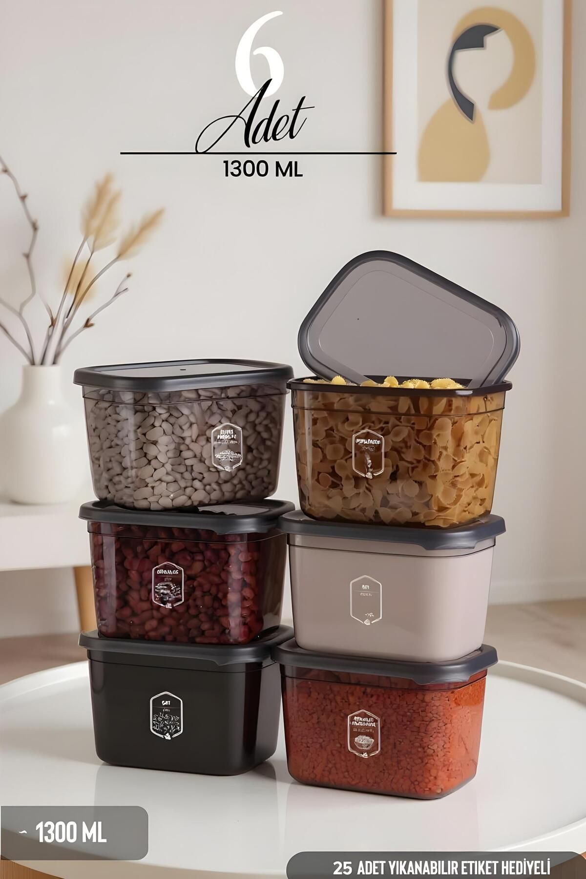 Justyol 6'lı 1300 ml Etiketli Moly Saklama Kabı Seti – Kahvaltılık ve Erzak Düzenleyici Kapaklı Kutu