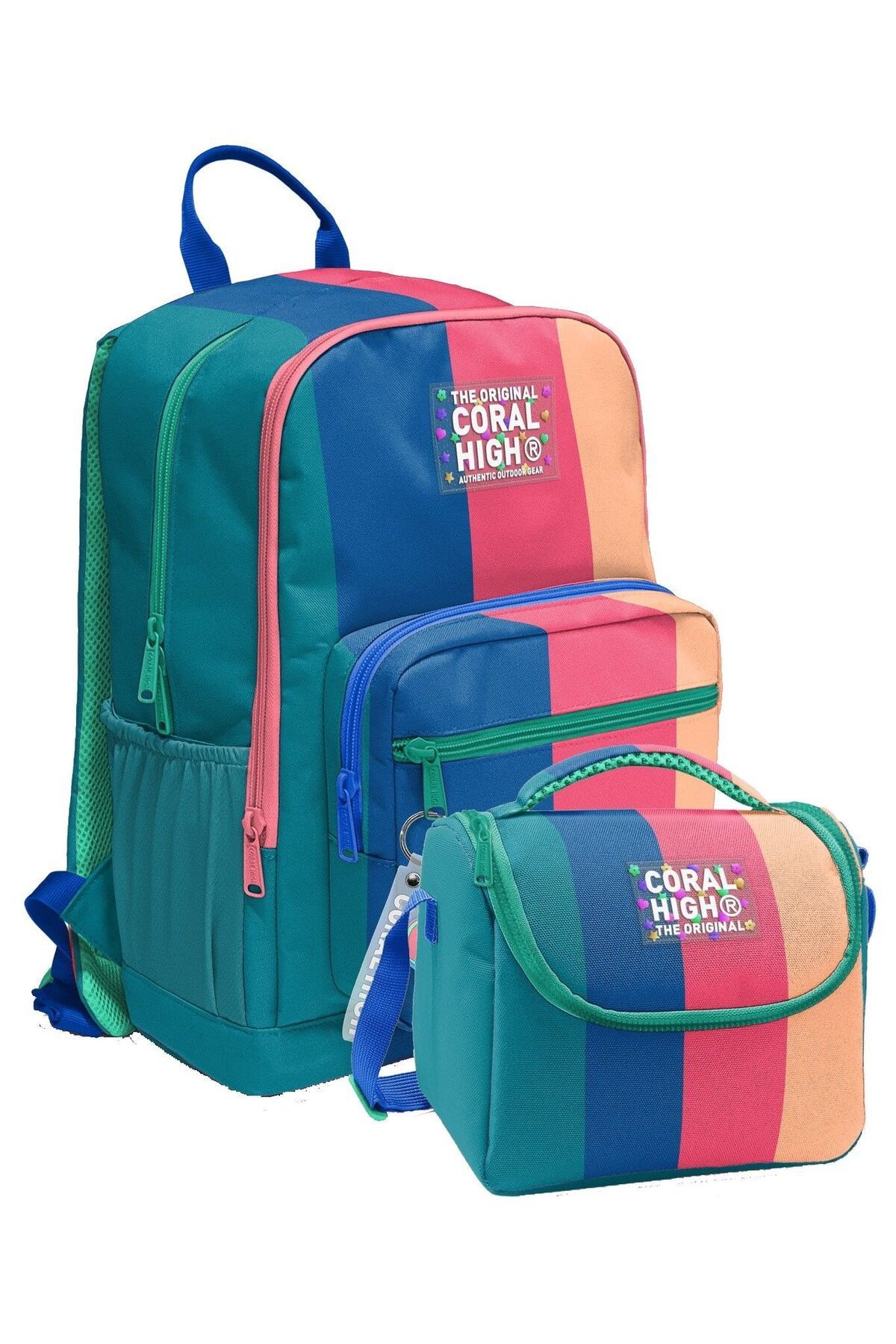 Coral High İlkokul ve Ortaokul Sırt Çantası ve Beslenme Seti - Kızlar İçin Yeşil Mavi Pembe Renkli