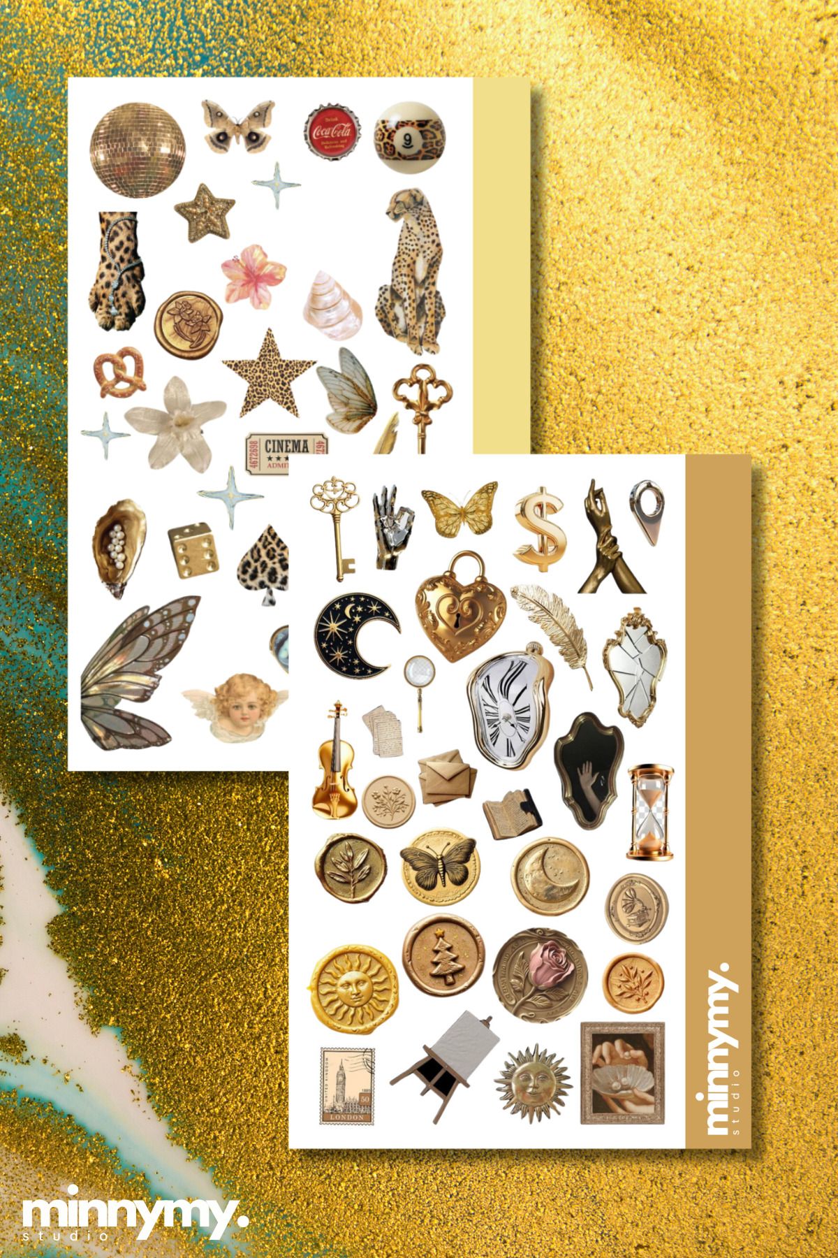 Minnymy İkili Golden Vintage Retro Sticker, Çıkartma, Ajanda, Günlük, Planlayıcı, Bullet Journal ,Scrapbook