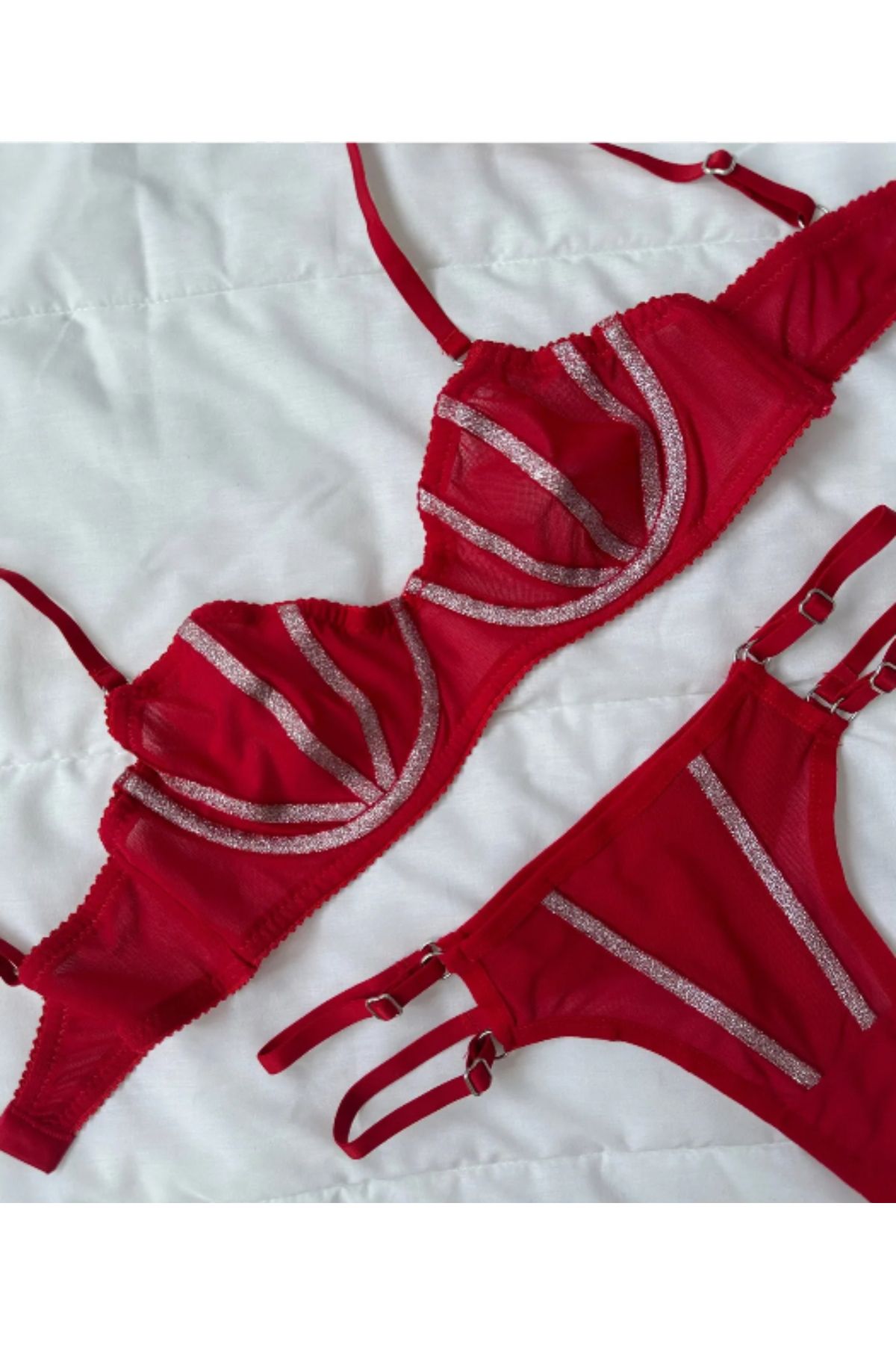 nuda luna • Yeni Model” Işıltılı Aşk Kırmızı Transparan İç Giyim Takımı”