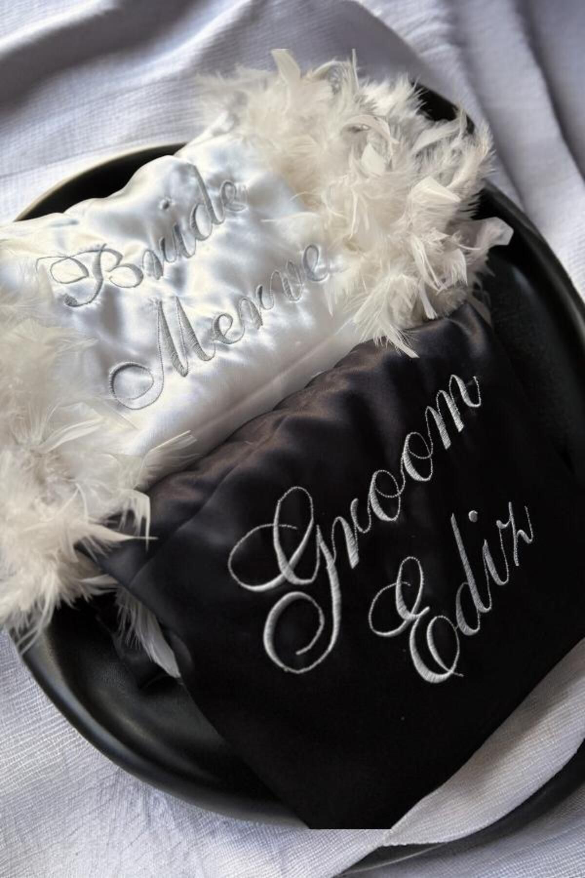 Lasilla Kişiye Özel İsimli Silver Nakış Yazılı Gelin,Damat 2'li Set Sabahlık, Kollar Tüylü Bride ve Groom
