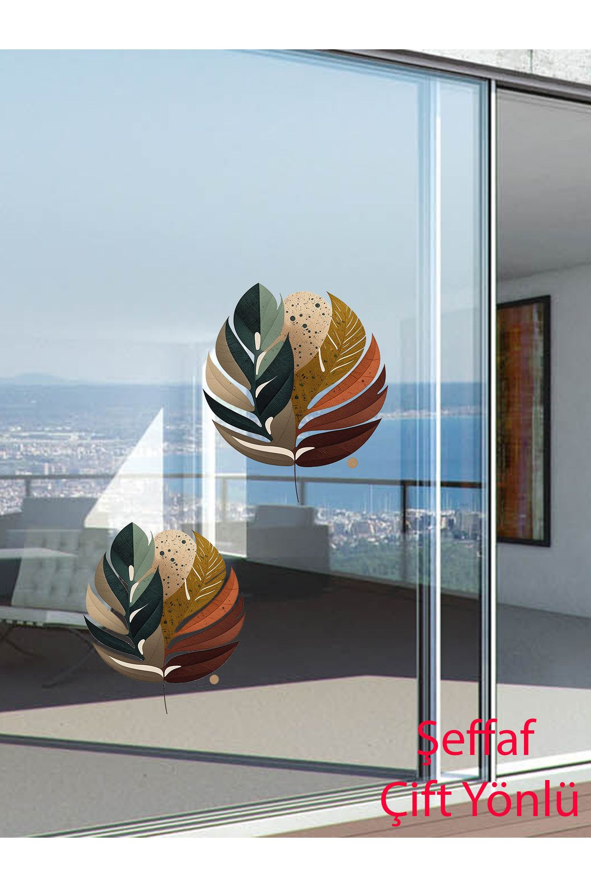 aiki Şeffaf Çift Yönlü, Boho, Bohem Yapraklar, Oturma Odası Ve Salon Cam Duvar Sticker