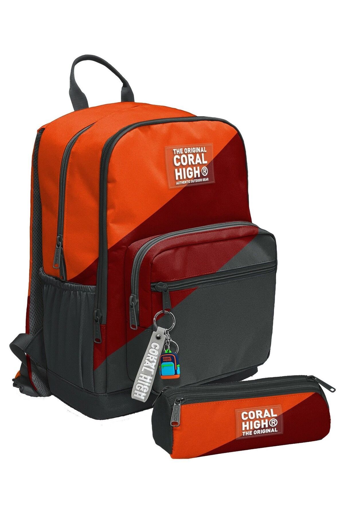 Coral High Erkek Çocuk Sırt Çantası ve Kalemlik Seti - Turuncu Bordo Gri Renkli - İlkokul