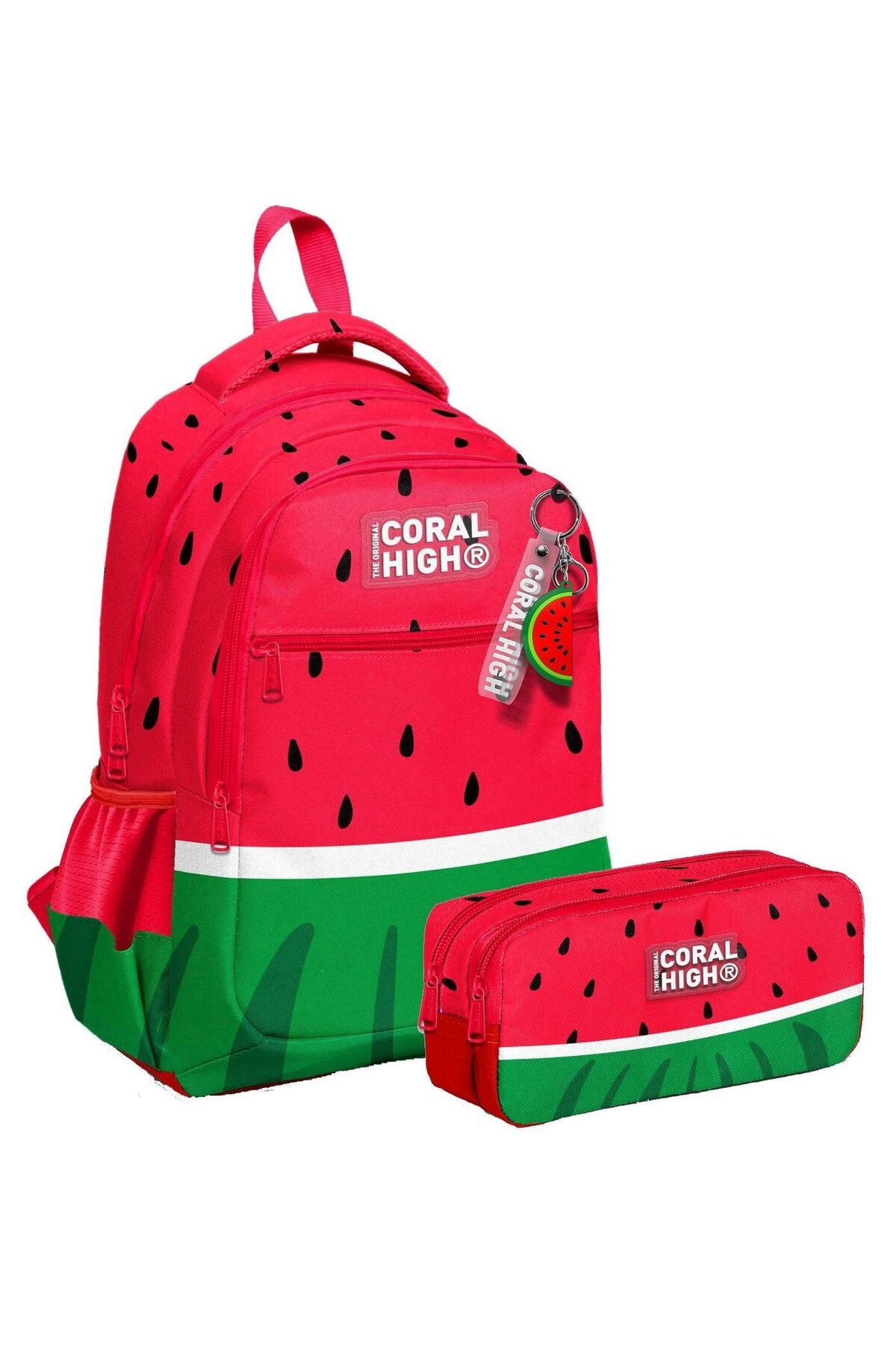 Coral High Üç Bölmeli İlkokul Sırt Çantası ve İki Bölmeli Kalemlik - Erkek - Kırmızı Yeşil Karpuz