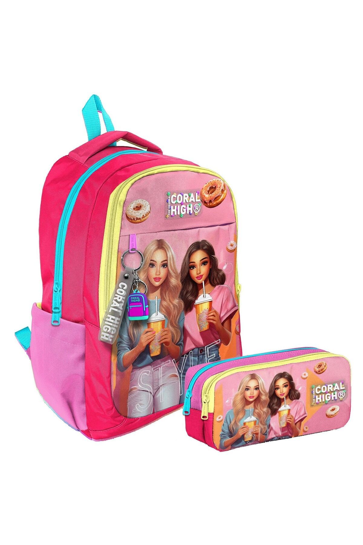 Coral High İlk Ortaokul Sırt Çantası ve İki Bölmeli Kalemlik Seti - Kız - Pembe Kırmızı Fashion Girl