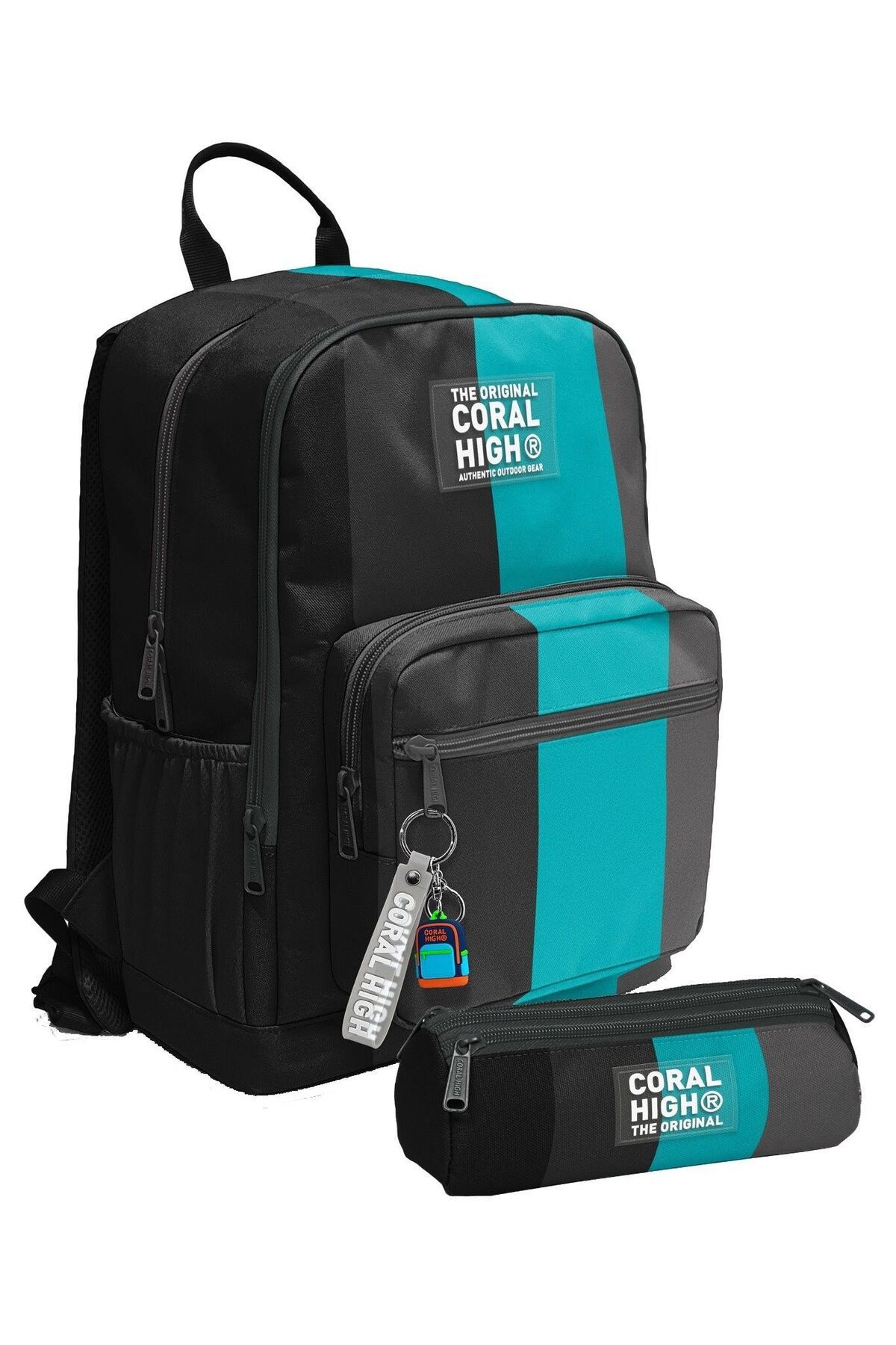 Coral High Erkek Çocuk Sırt Çantası ve Kalemlik Seti - Siyah Turkuaz Çizgili - İlkokul
